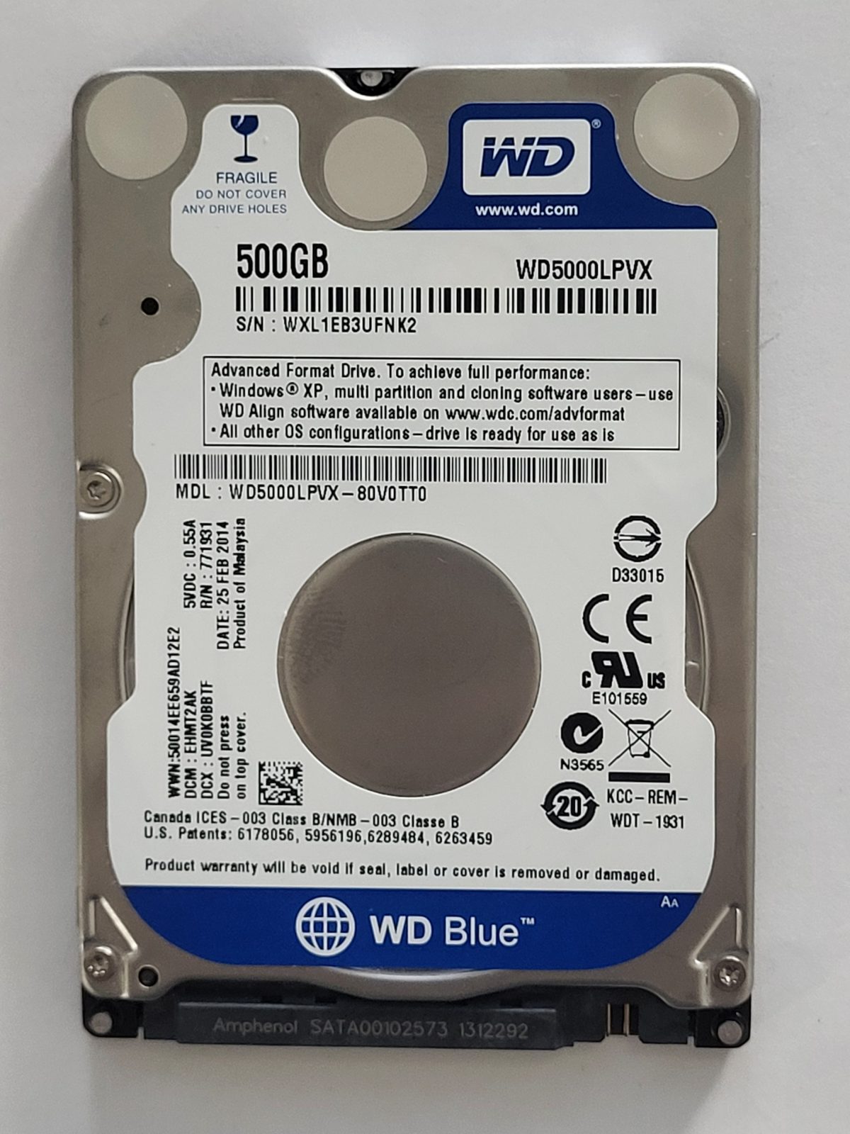 WD5000LPVX-80V0TT0, DCM: EHMT2AK, 25 FEB 2014 | WD 500Go 2,5" SATA HDD STK