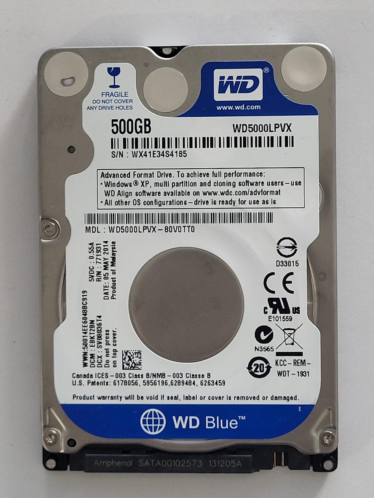 WD5000LPVX-80V0TT0, DCM: EBKT2BN, 05 MAY 2014 | WD 500Go 2,5" SATA HDD STK