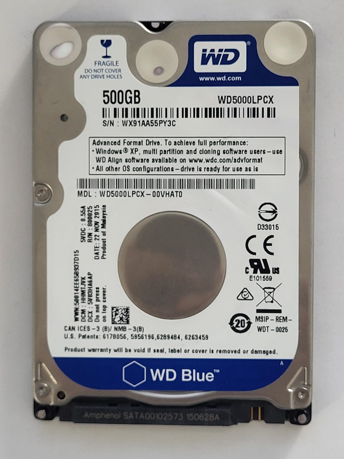 WD5000LPCX-00VHAT0, DCM: HHMTJVK, 22 NOV 2015 | WD 500Go 2,5" SATA HDD STK