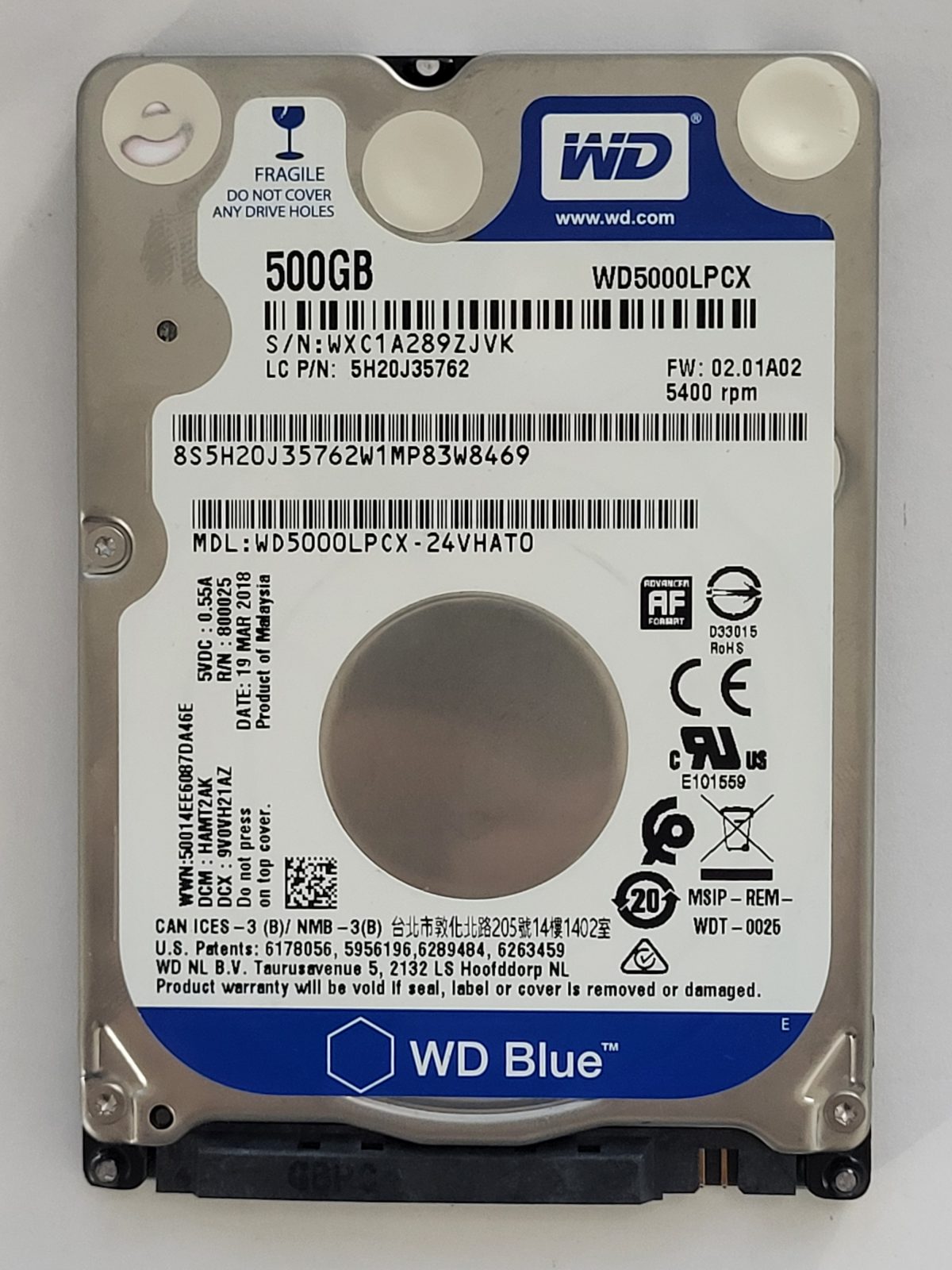 WD5000LPCX-24VHAT0, DCM: HAMT2AK, 19 MAR 2018 | WD 500Go 2,5" SATA HDD STK