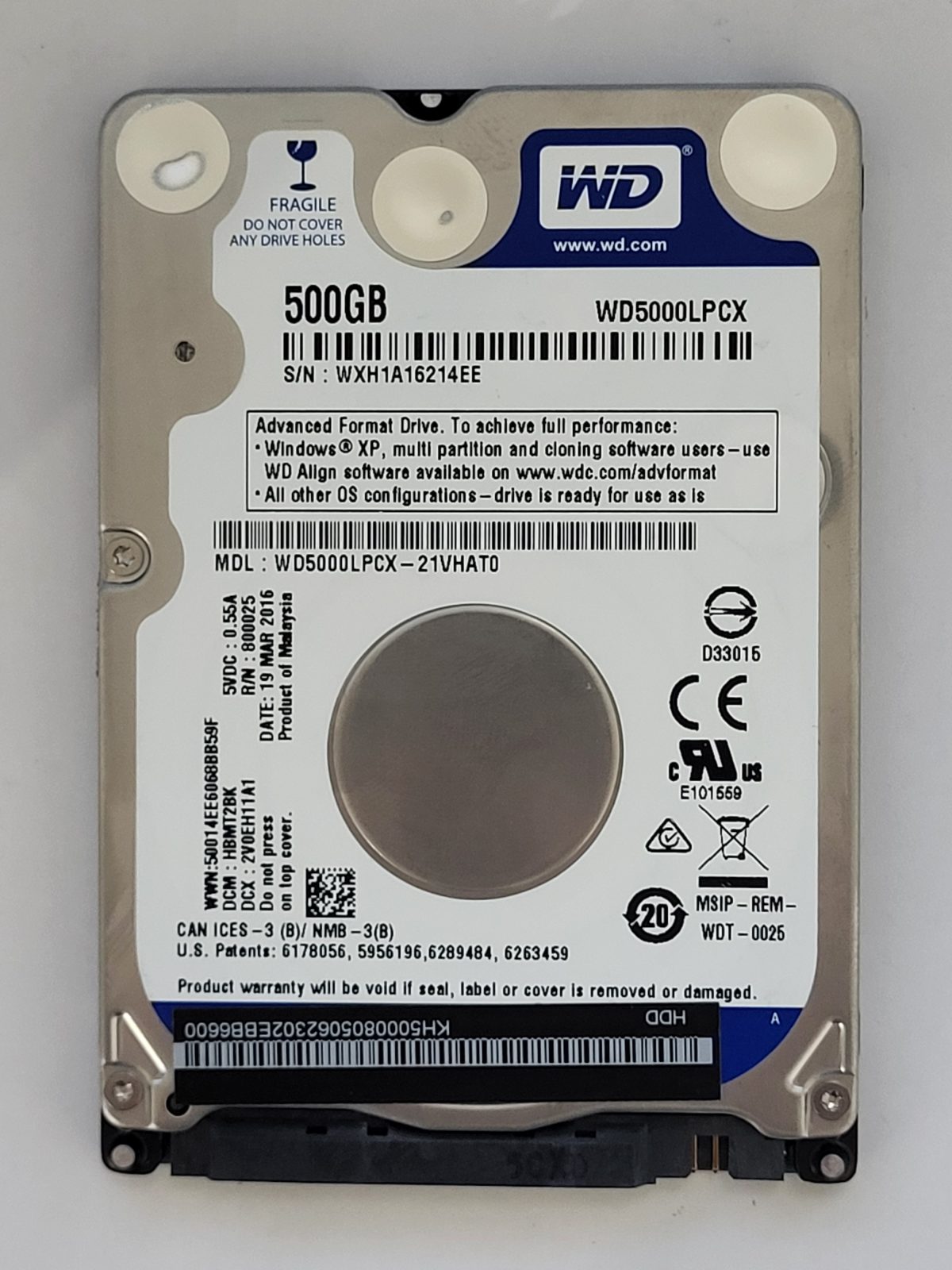 WD5000LPCX-21VHAT0, DCM: HBMT2BK, 19 MAR 2016 | WD 500Go 2,5" SATA HDD STK