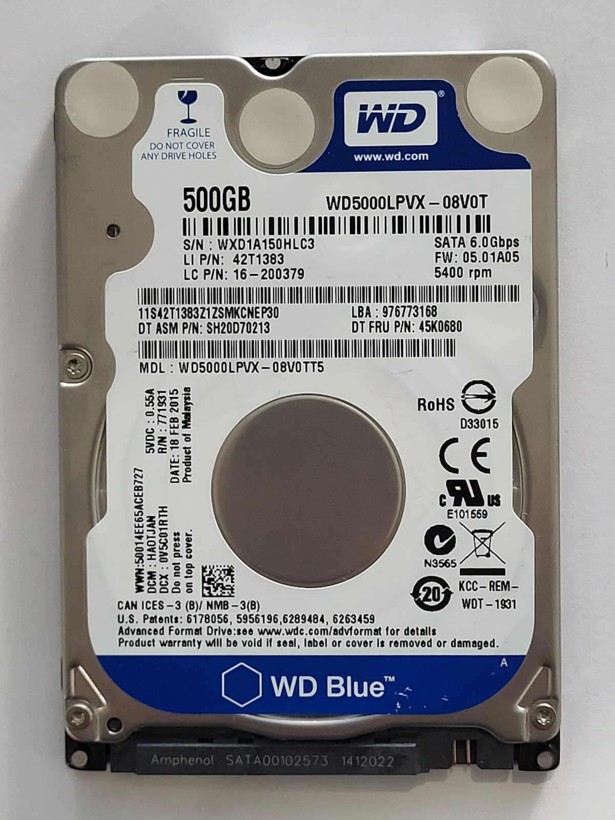 WD5000LPVX-08V0TT5, DCM: HAOTJAN, 18 FEB 2015 | WD 500Go 2,5" SATA HDD STK