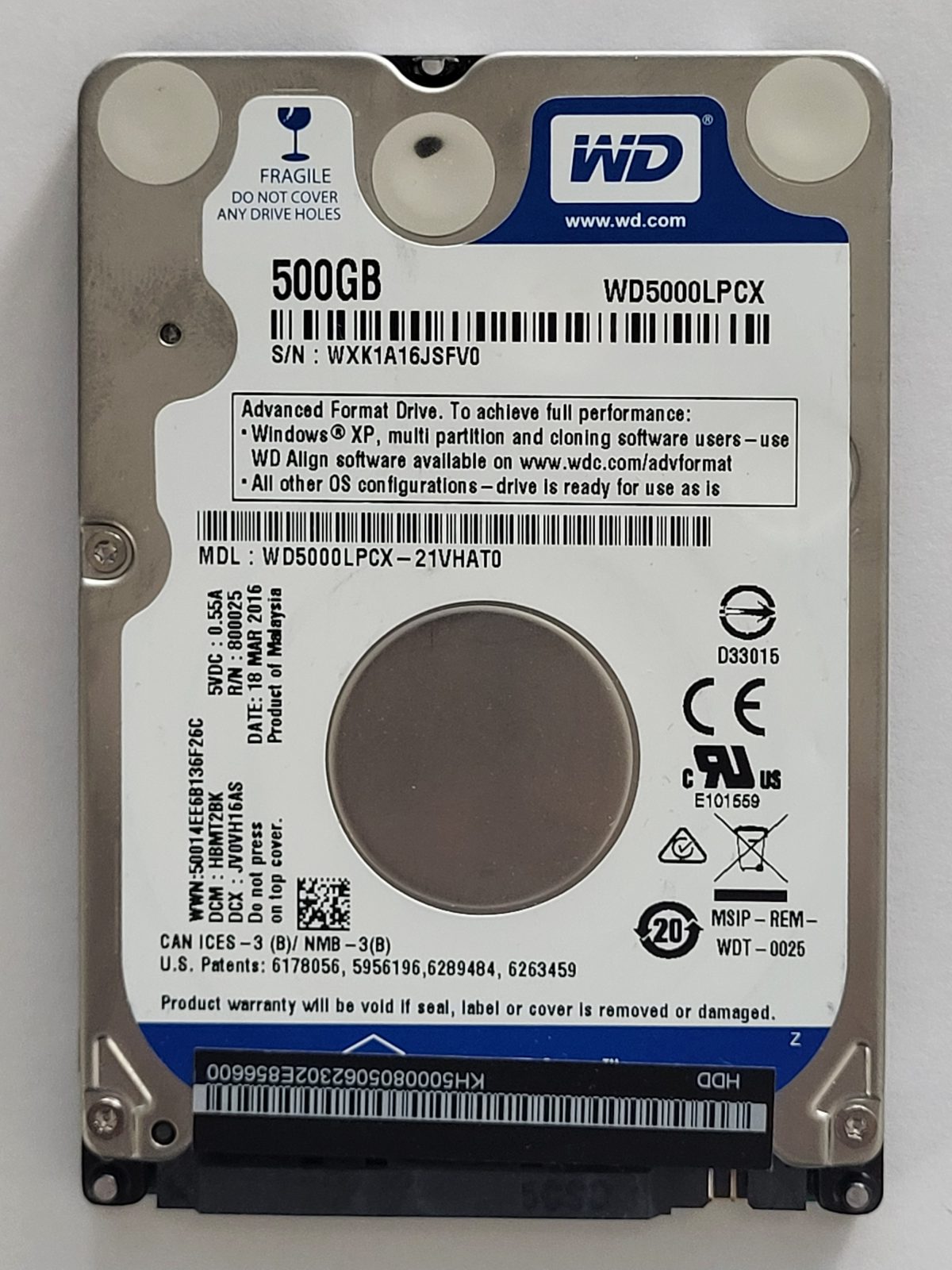WD5000LPCX-21VHAT0, DCM: HBMT2BK, 18 MAR 2016 | WD 500Go 2,5" SATA HDD STK