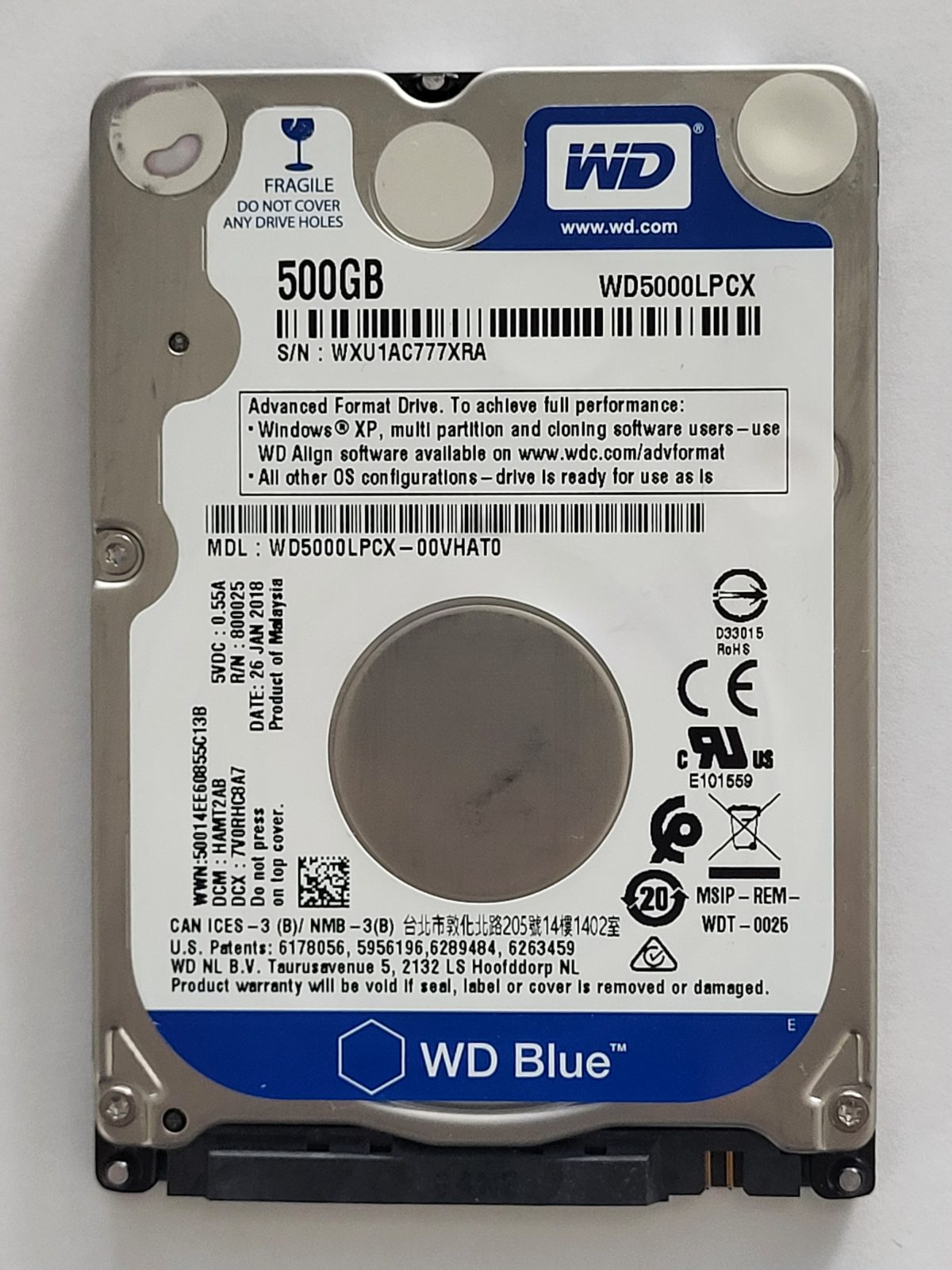 WD5000LPCX-00VHAT0, DCM: HAMT2AB, 26 JAN 2018 | WD 500Go 2,5" SATA HDD STK