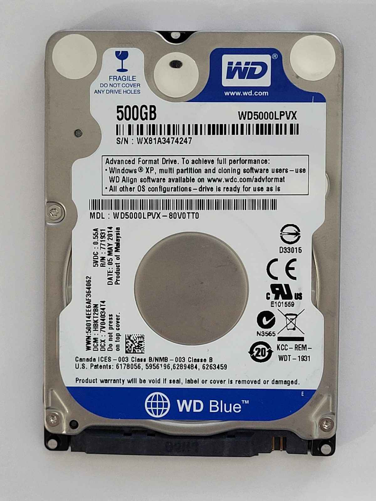 WD5000LPVX-80V0TT0, DCM: HBKT2BN, 05 MAY 2014 | WD 500Go 2,5" SATA HDD STK