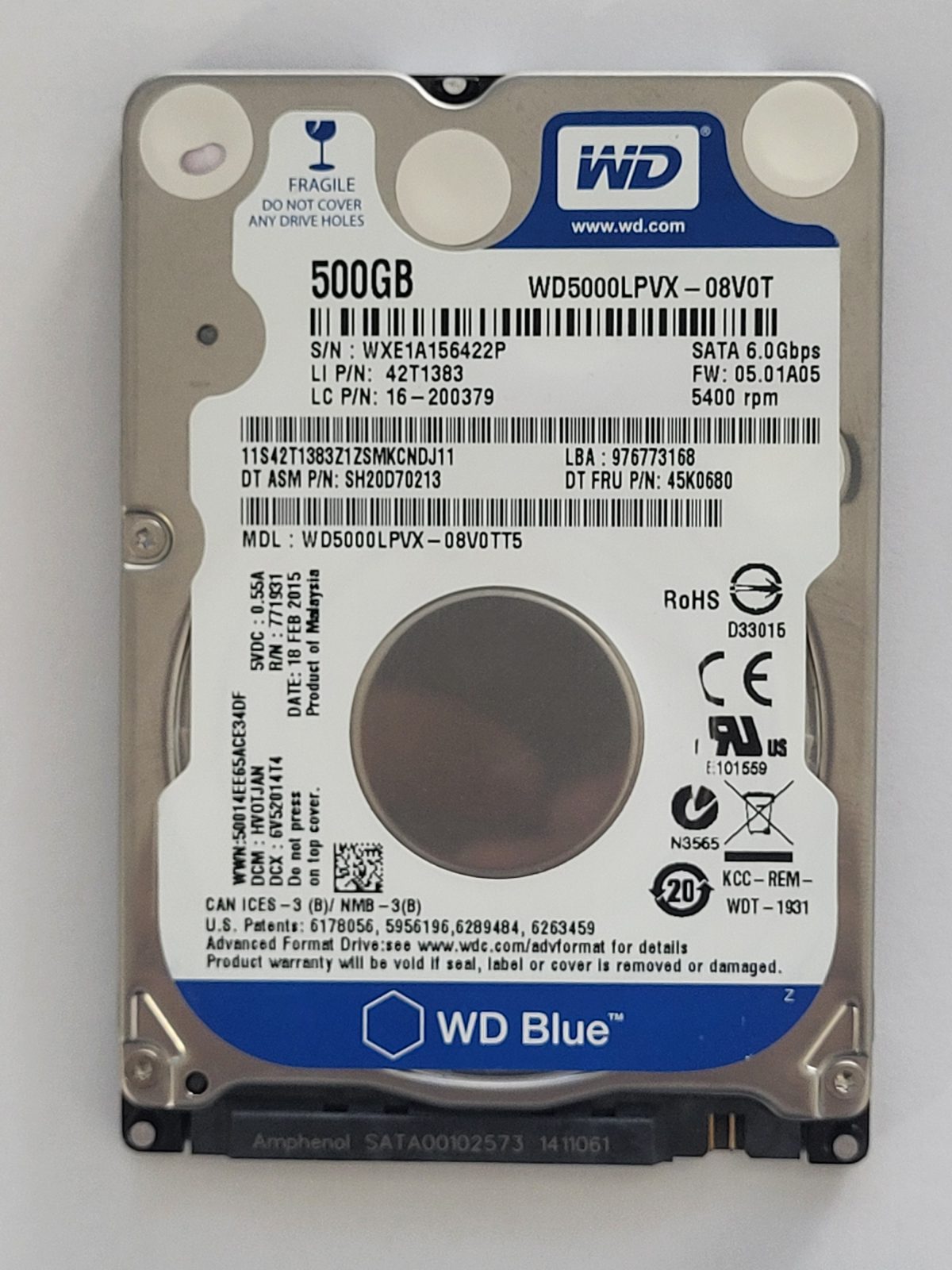 WD5000LPVX-08V0TT5, DCM: HVOTJAN, 18 FEB 2015 | WD 500Go 2,5" SATA HDD STK