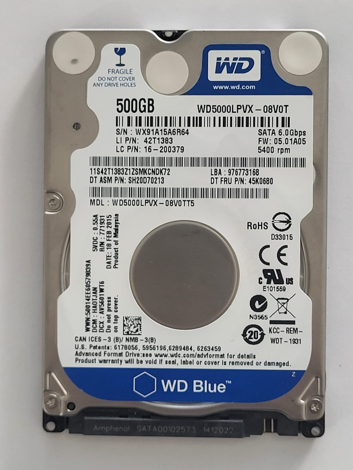 WD5000LPVX-08V0TT5, DCM: HAOTJAN, 18 FEB 2015 | WD 500Go 2,5" SATA HDD STK