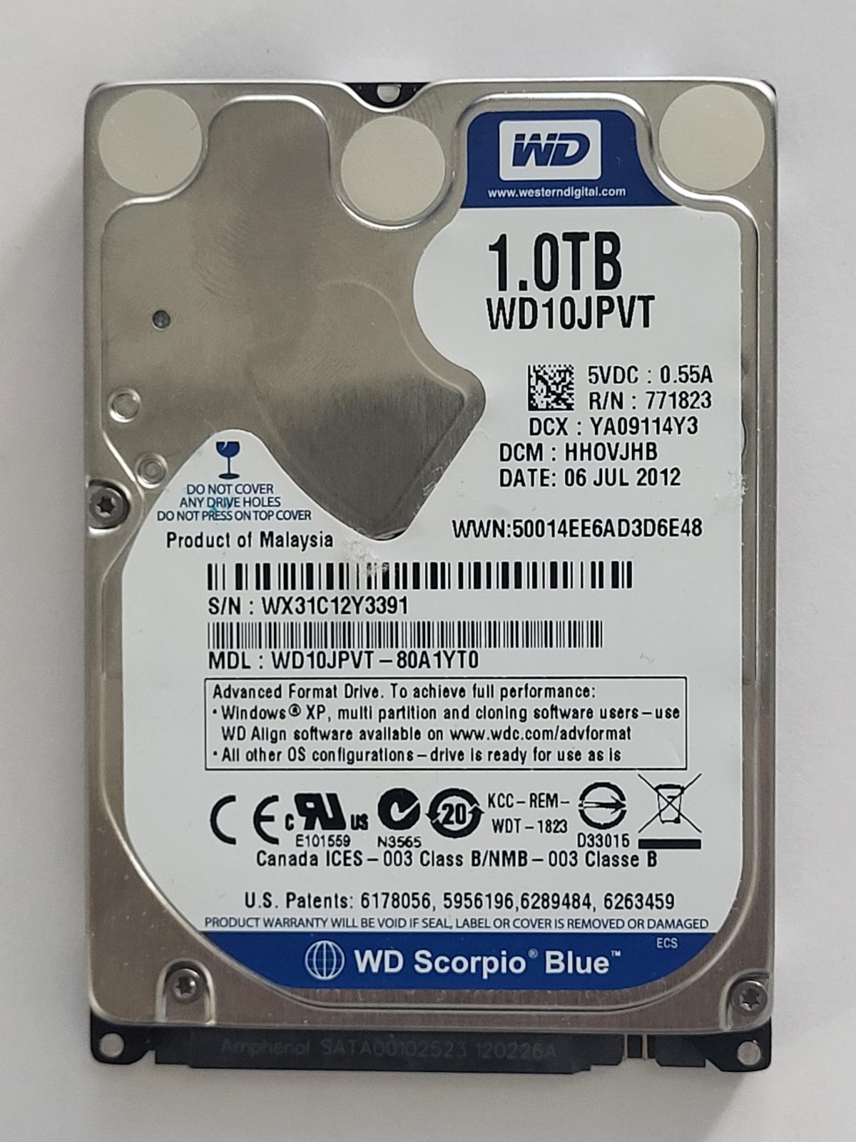 WD10JPVT-80A1YT0, DCM: HHOVJHB, 06 JUL 2012 | WD 1To 2,5" SATA HDD STK
