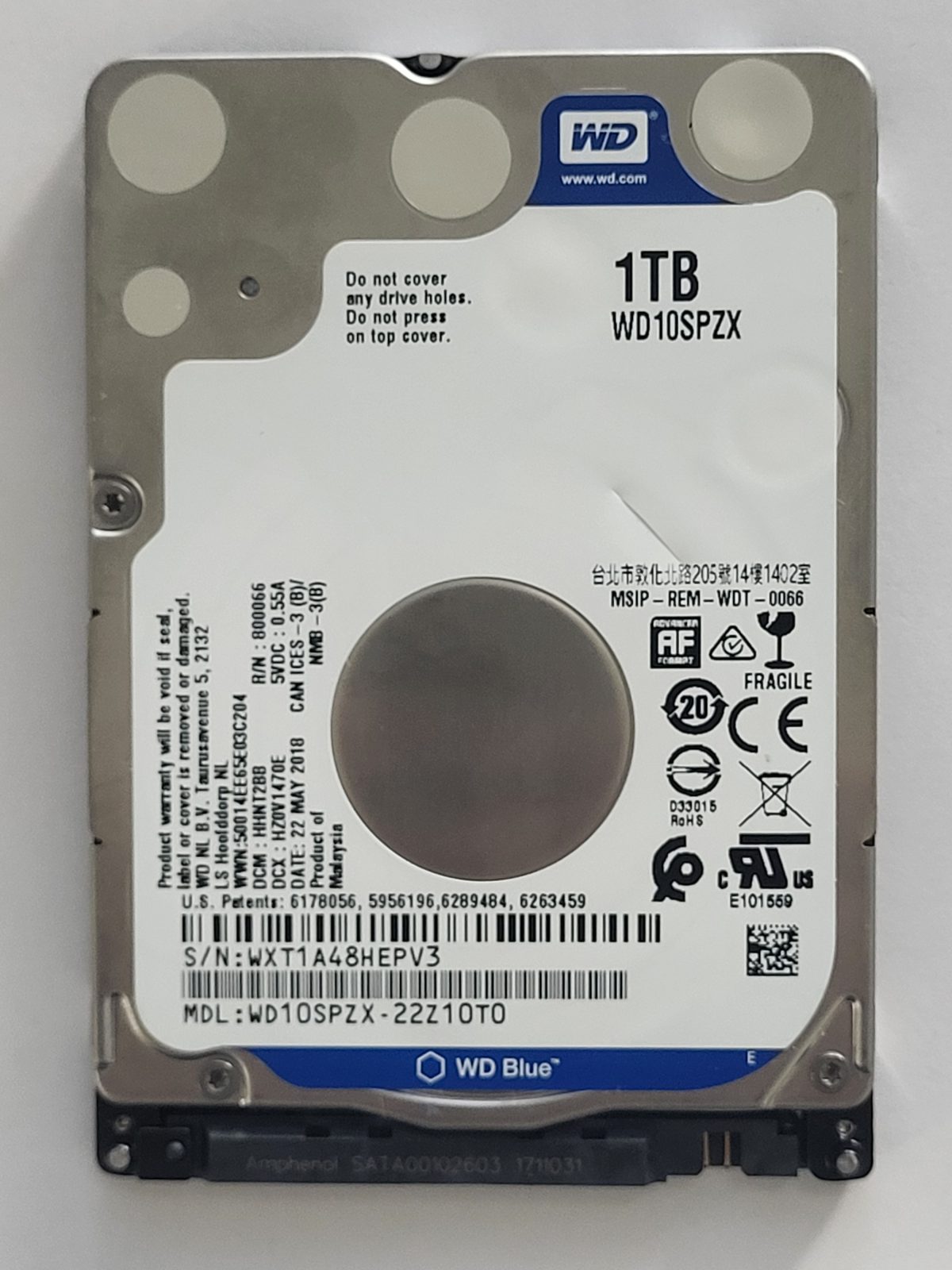 WD10SPZX-22Z10T0, DCM: HHNT2BB, 22 MAY 2018 | WD 1To 2,5" SATA HDD STK