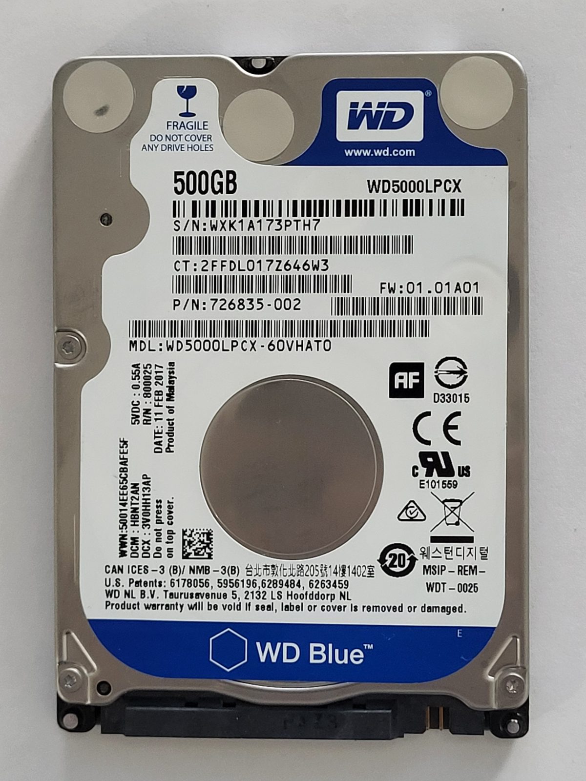 WD5000LPCX-60VHAT0, DCM: HBNT2AN, 11 FEB 2017 | WD 500Go 2,5" SATA HDD STK