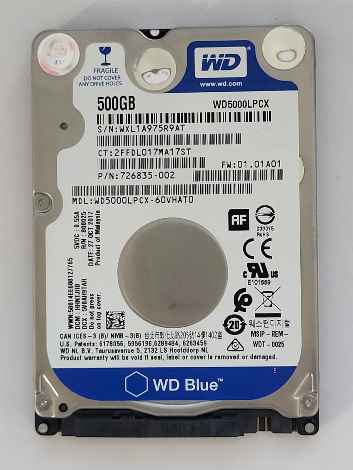 WD5000LPCX-60VHAT0, DCM: HHNTJHB, 27 OCT 2017 | WD 500Go 2,5" SATA HDD STK