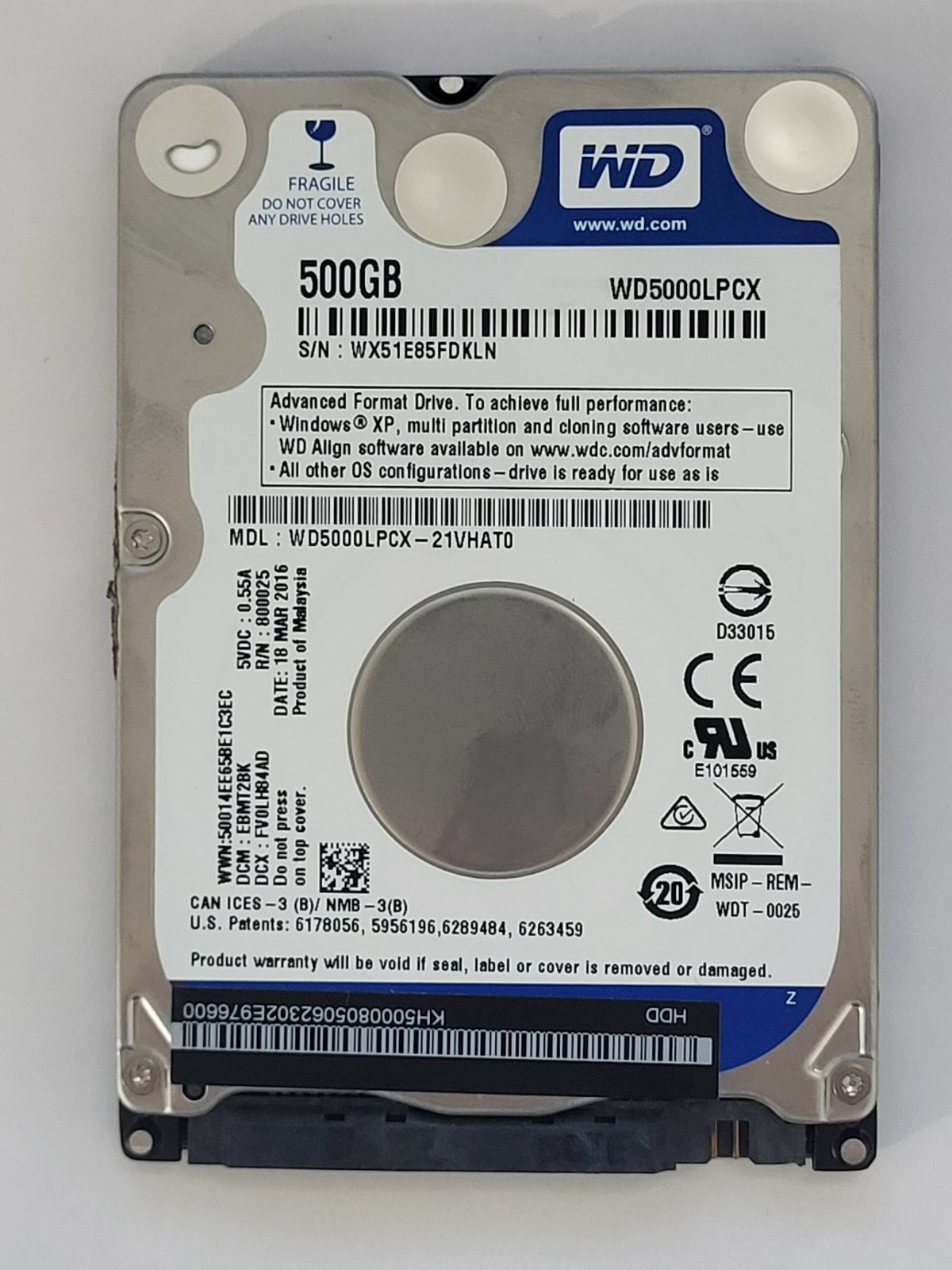 WD5000LPCX-21VHAT0, DCM: EBMT2BK, 18 MAR 2016 | WD 500Go 2,5" SATA HDD STK