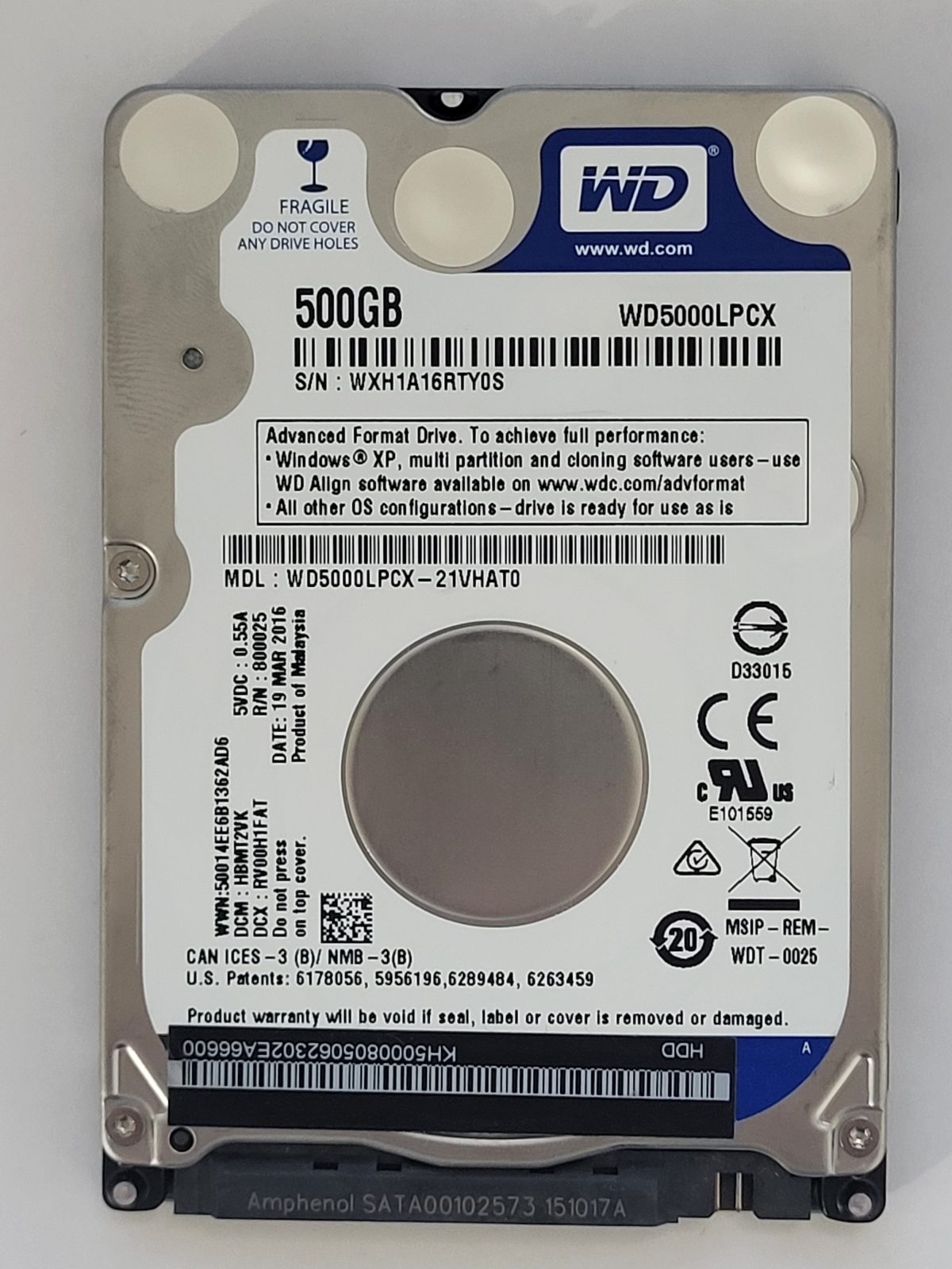 WD5000LPCX-21VHAT0, DCM: HBMT2VK, 19 MAR 2016 | WD 500Go 2,5" SATA HDD STK