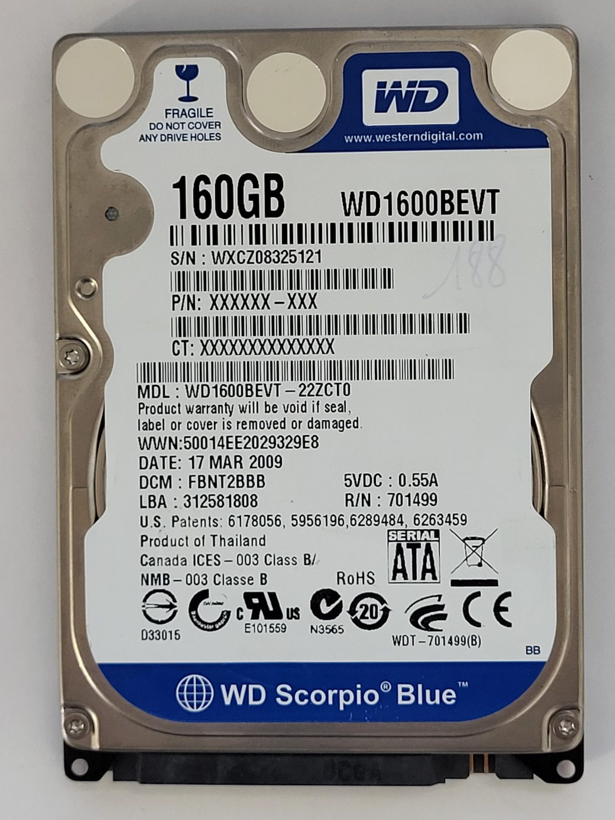 WD1600BEVT-22ZCT0, DCM: FBNT2BBB, 17 MAR 2009 | WD 160Go 2,5" SATA HDD STK