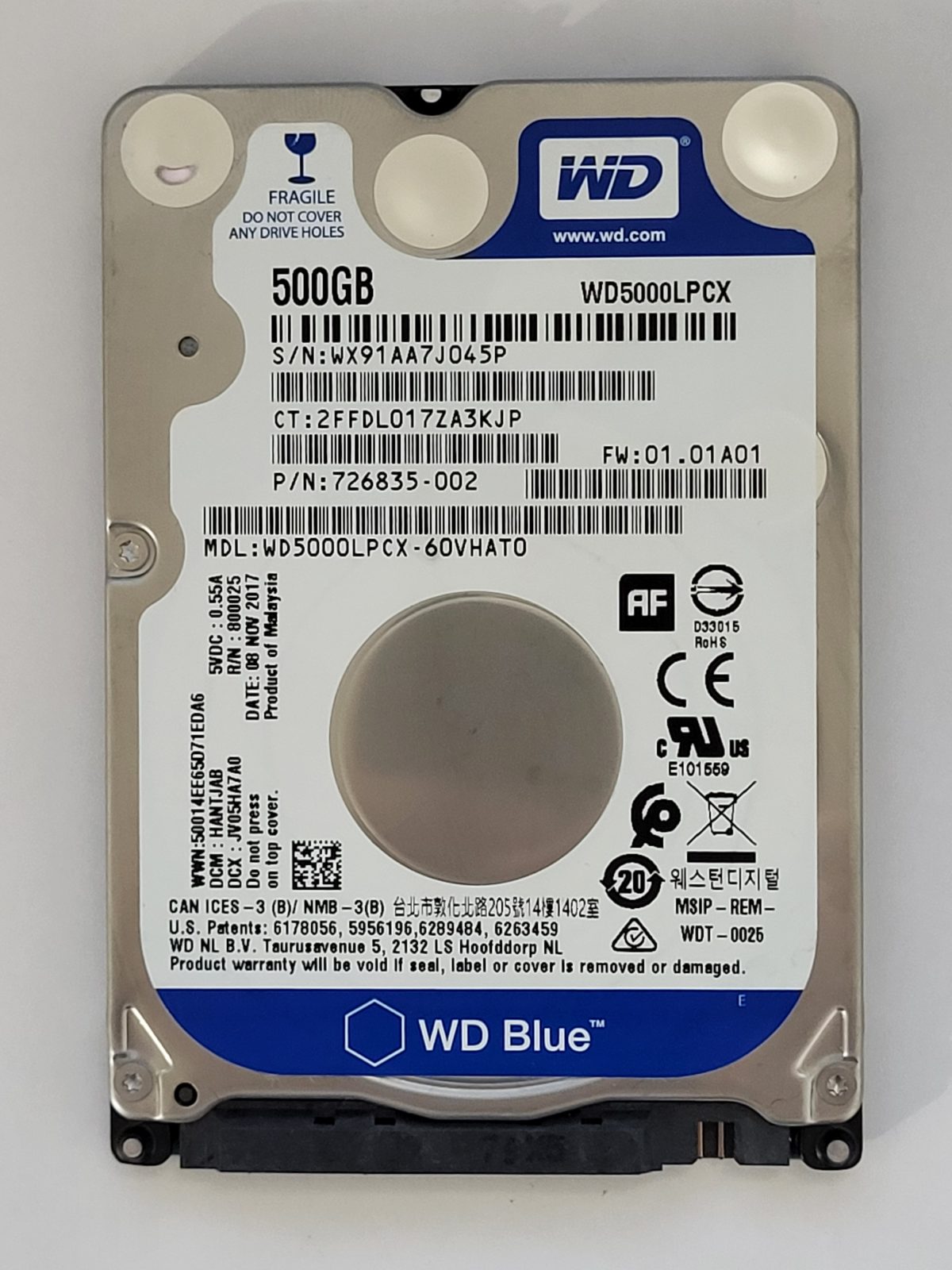 WD5000LPCX-60VHAT0, DCM: HANTJAB, 08 NOV 2017 | WD 500Go 2,5" SATA HDD STK