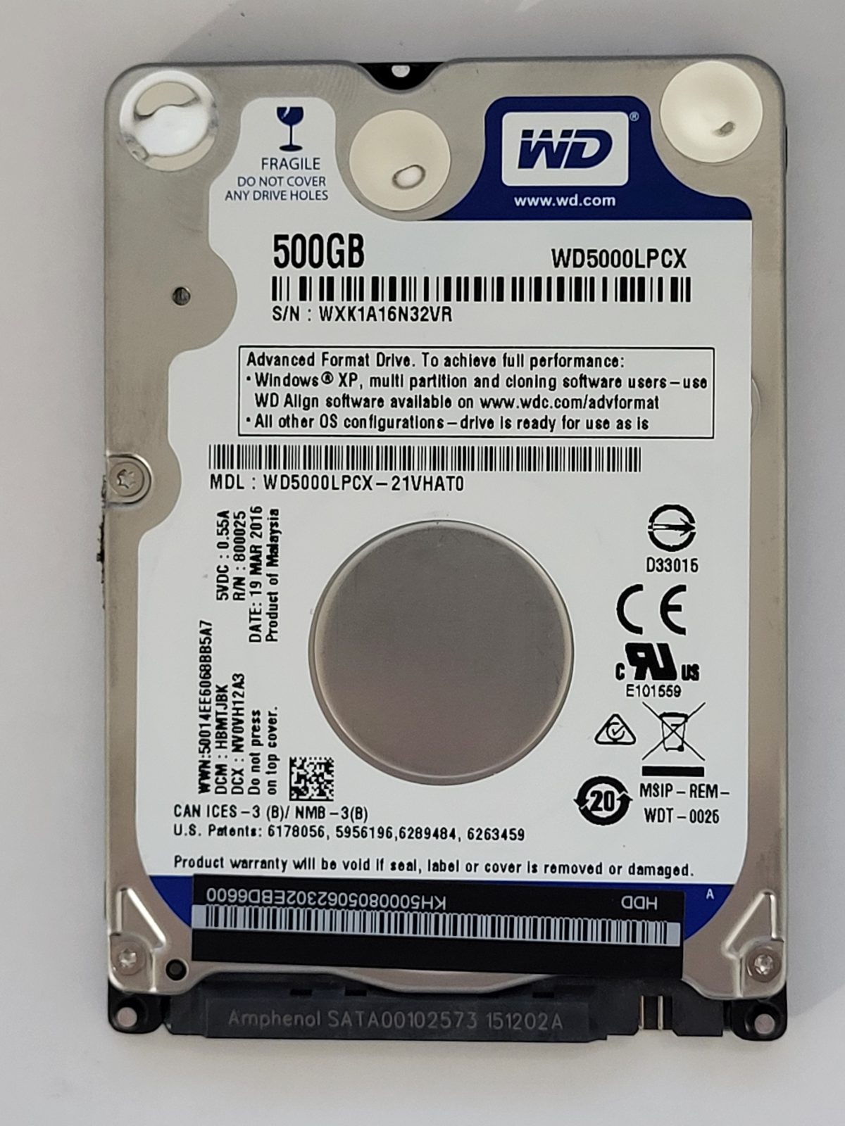 WD5000LPCX-21VHAT0, DCM: HBMTJBK, 19 MAR 2016 | WD 500Go 2,5" SATA HDD STK