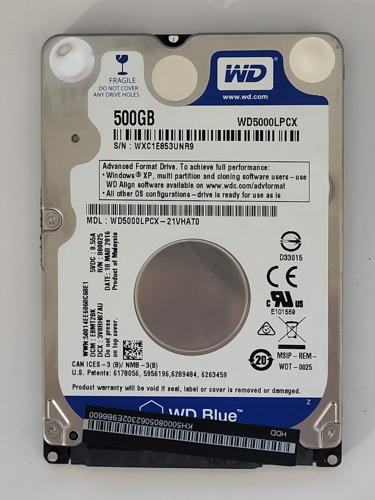 WD5000LPCX-21VHAT0, DCM: EBMT2BK, 18 MAR 2016 | WD 500Go 2,5" SATA HDD STK