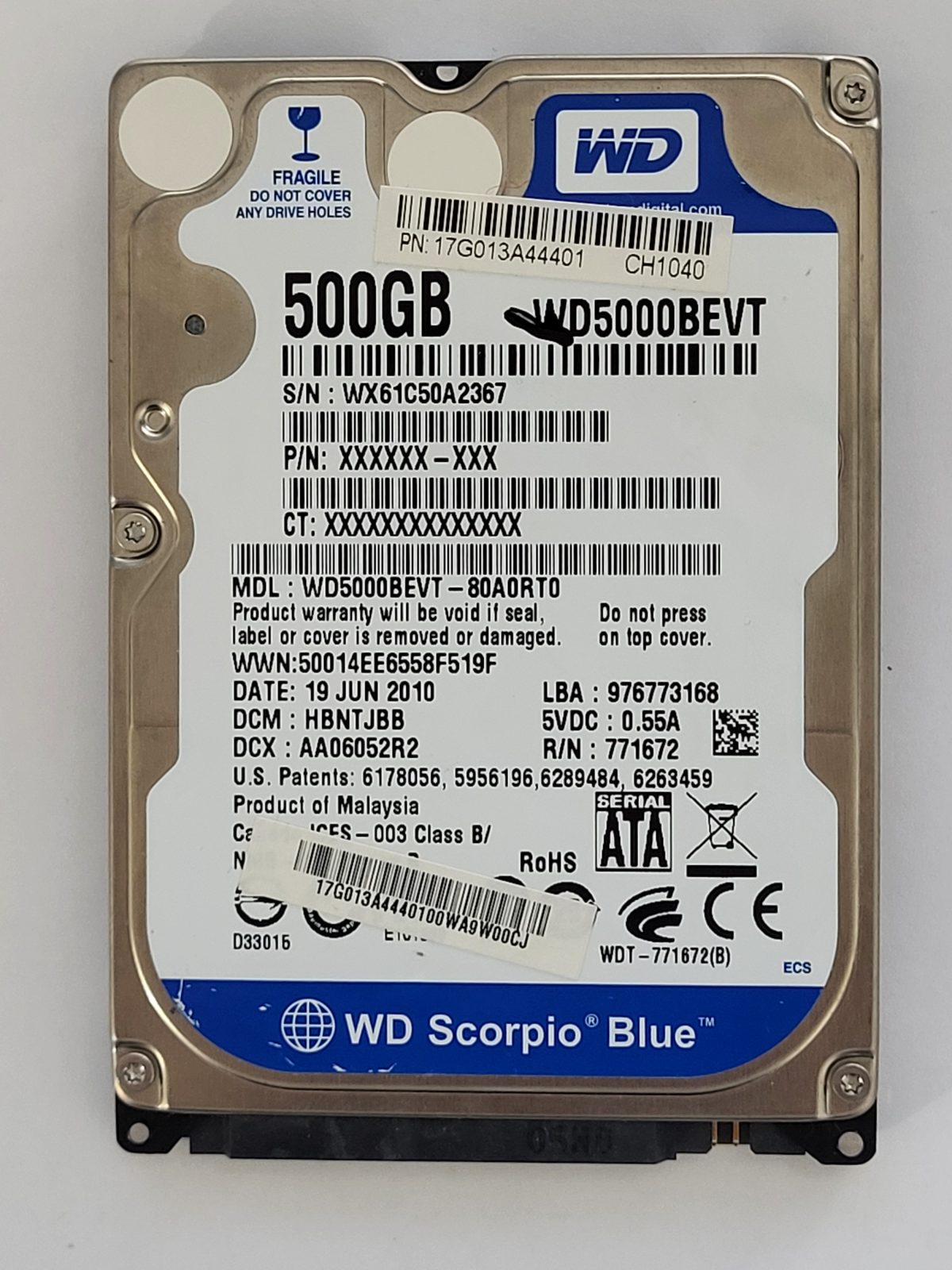 WD5000BEVT-80A0RT0, DCM: HBNTJBB, 19 JUN 2010 | WD 500Go 2,5" SATA HDD STK