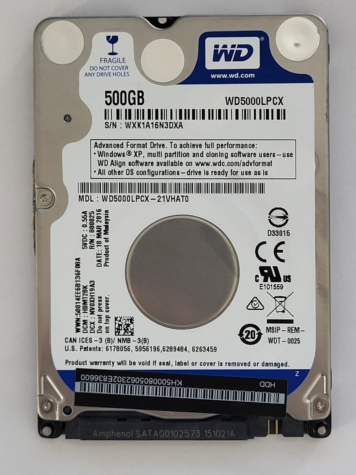 WD5000LPCX-21VHAT0, DCM: HBMT2BK, 18 MAR 2016 | WD 500Go 2,5" SATA HDD STK