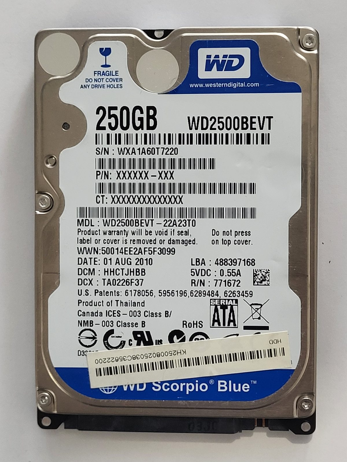 WD2500BEVT-22A23T0, DCM: HHCTJHBB, 01 AUG 2010 | WD 250Go 2,5" SATA HDD STK