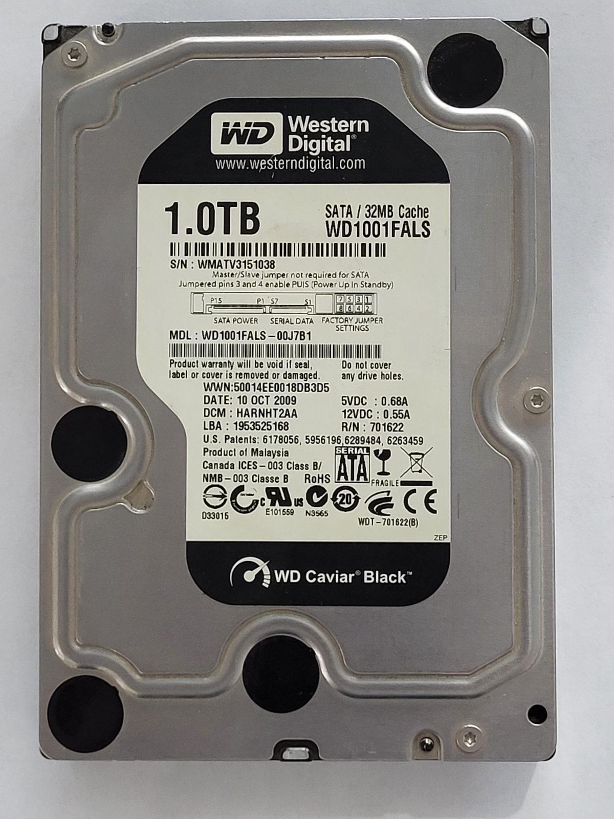 WD1001FALS-00J7B1, DCM: HARNHT2AA, 10 OCT 2009 | WD 1To 3,5" SATA HDD STK