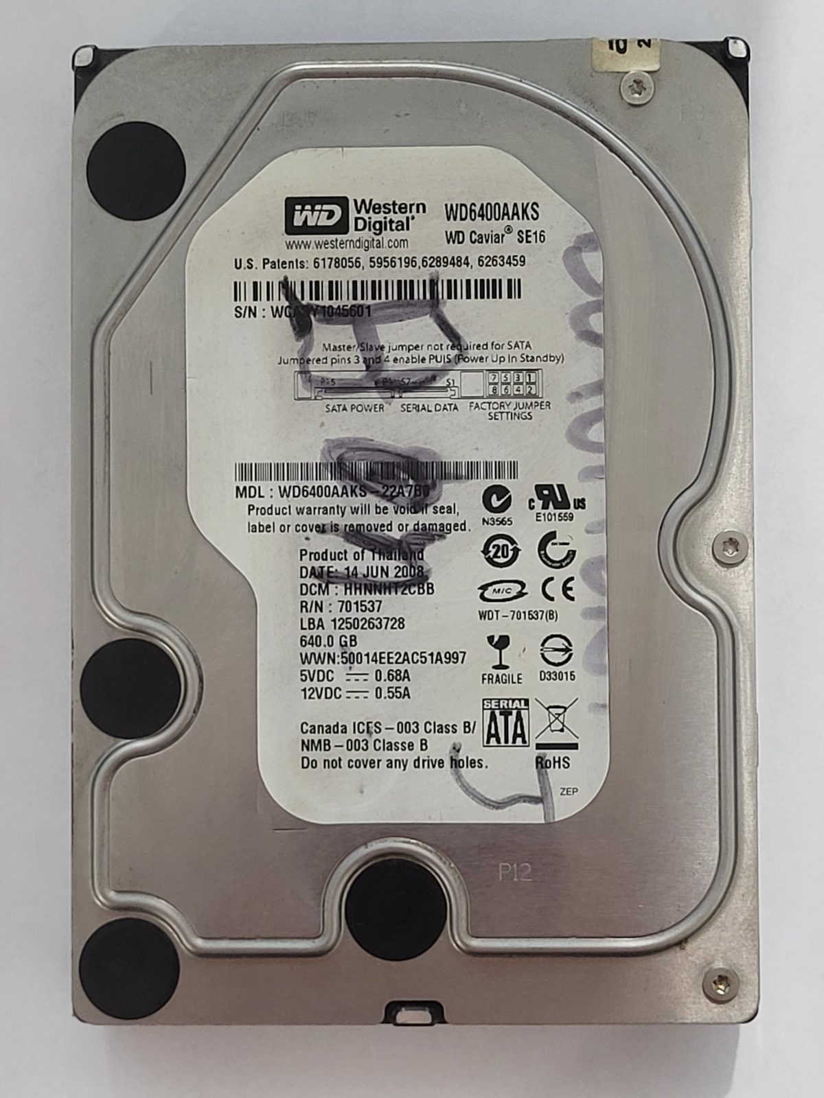 WD6400AAKS-22A7B0, DCM: HHNNHT2CBB, 14 JUN 2008 | WD 640Go 3,5" SATA HDD STK