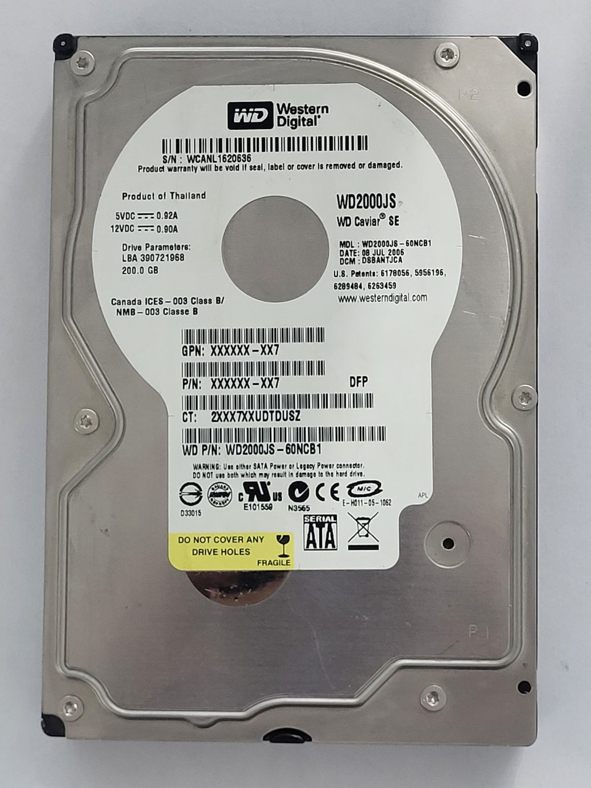 WD2000JS-60NCB1, DCM: D8BANTJCA, 08 JUL 2006 | WD 200Go 3,5" SATA HDD STK