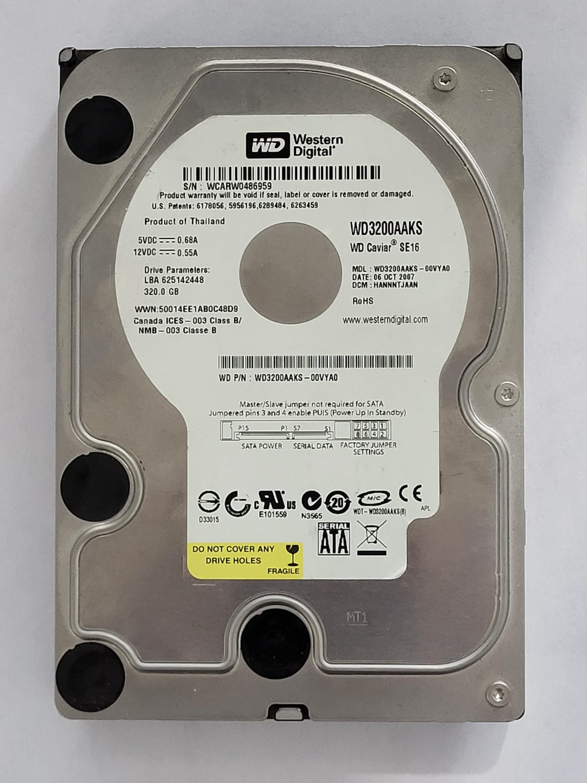 WD3200AAKS-00VYA0, DCM: HANNNTJAAN, 06 OCT 2007 | WD 320Go 3,5" SATA HDD STK