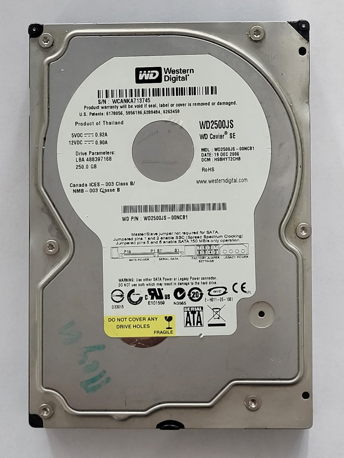 WD2500JS-00NCB1, DCM: HSBHYT2CHB, 19 DEC 2006 | WD 250Go 3,5" SATA HDD STK