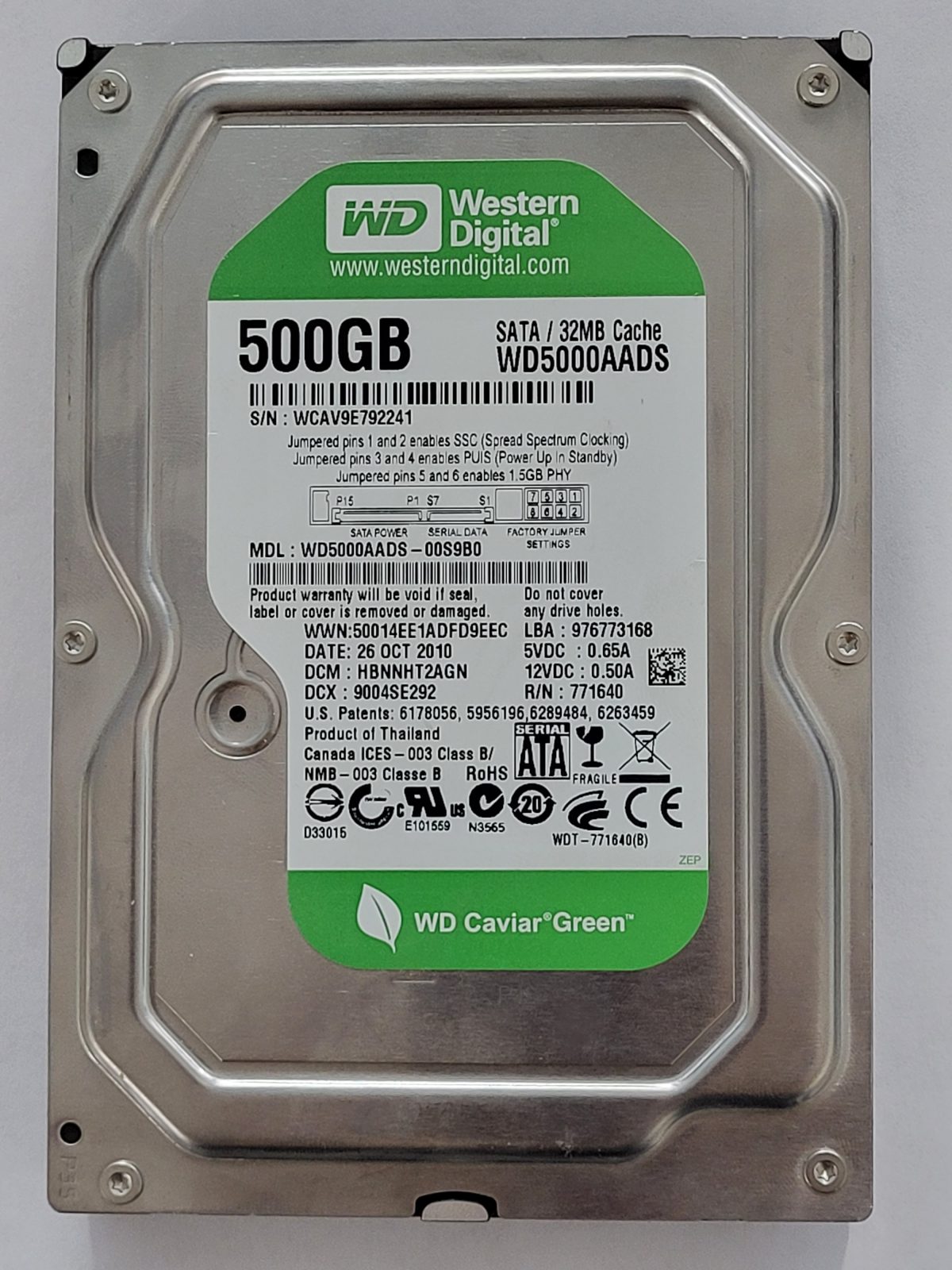 WD5000AADS-00S9B0, DCM: HBNNHT2AGN, 26 OCT 2010 | WD 500Go 3,5" SATA HDD STK