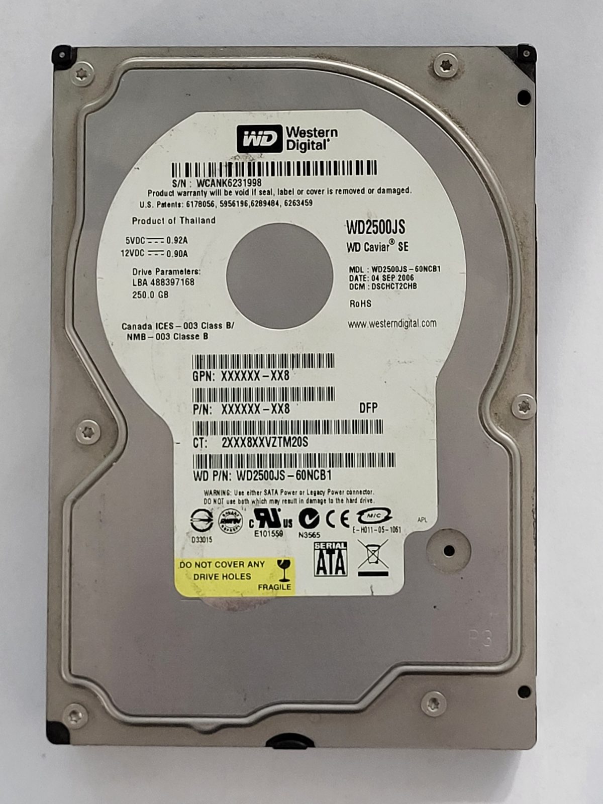 WD2500JS-60NCB1, DCM: DSCHCT2CHB, 04 SEP 2006 | WD 250Go 3,5" SATA HDD STK