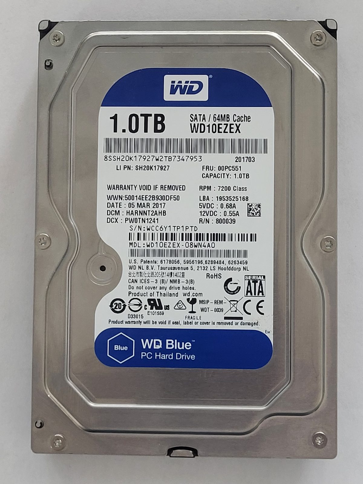 WD10EZEX-08WN4A0, DCM: HARNNT2AHB, 05 MAR 2017 | WD 1To 3,5" SATA HDD STK