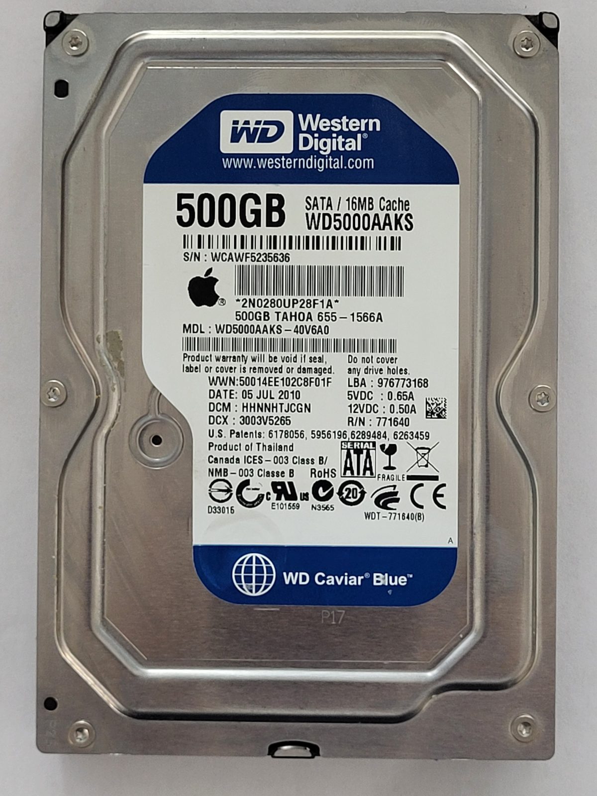 WD5000AAKS-40V6A0, DCM: HHNNHTJCGN, 05 JUL 2010 | WD 500Go 3,5" SATA HDD STK