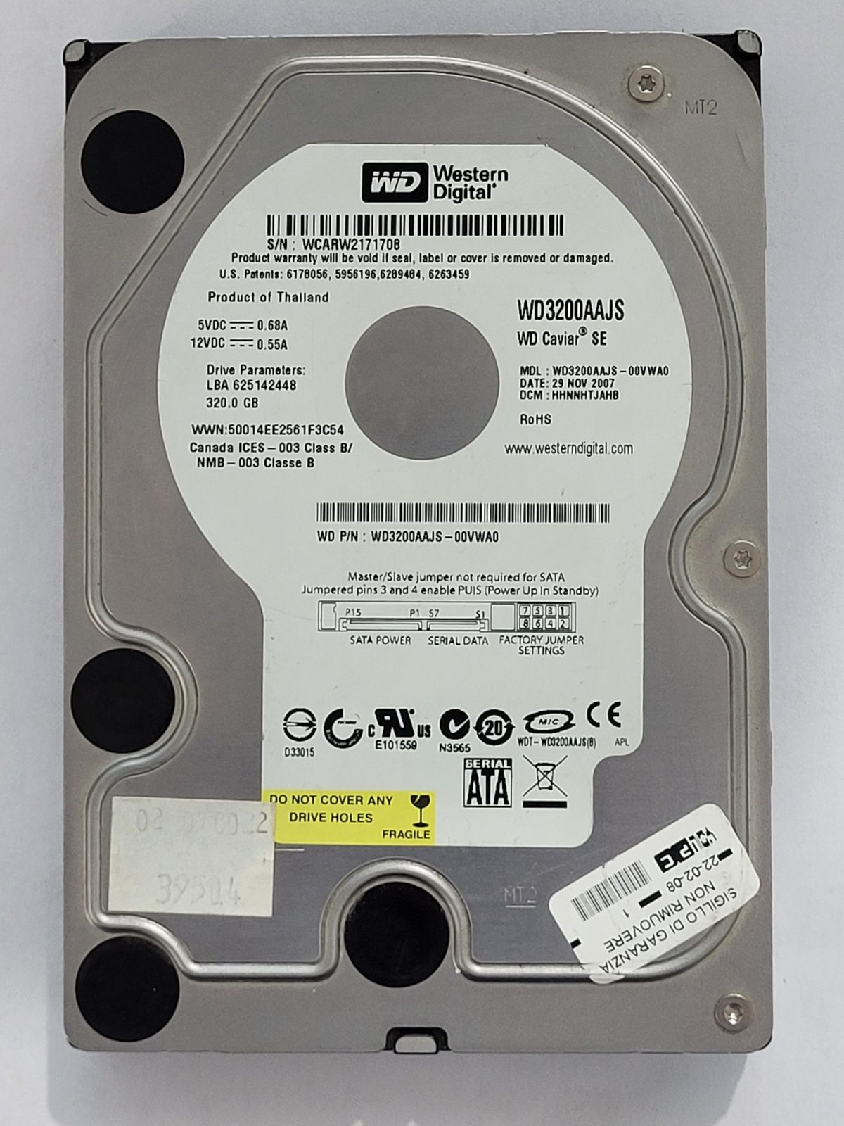 WD3200AAJS-00VWA0, DCM: HHNNHTJAHB, 29 NOV 2007 | WD 320Go 3,5" SATA HDD STK