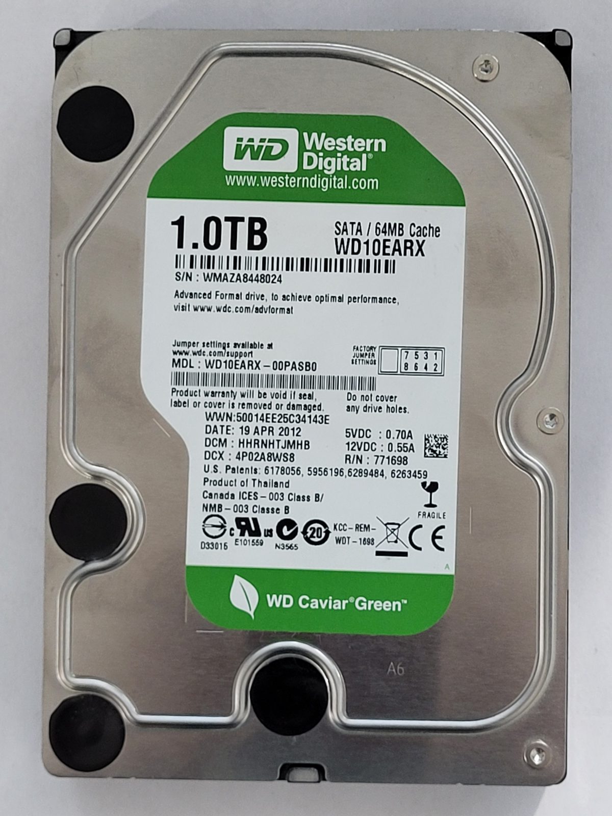 WD10EARX-00PASB0, DCM: HHRNHTJMHB, 19 APR 2012 | WD 1To 3,5" SATA HDD STK