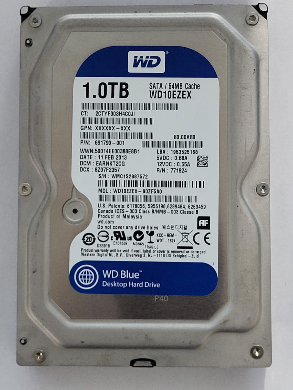 WD10EZEX-60ZF5A0, DCM: EARNKT2CG, 11 FEB 2013 | WD 1To 3,5" SATA HDD STK