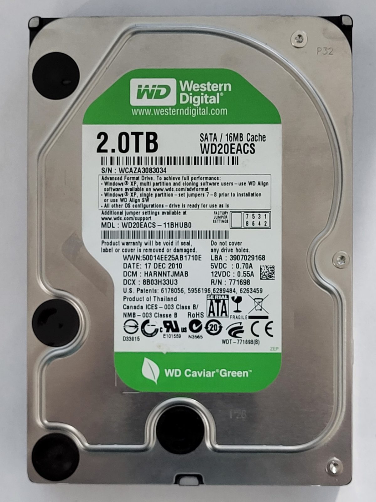 WD20EACS-11BHUB0, DCM: HARNNTJMAB, 17 DEC 2010 | WD 2To 3,5" SATA HDD STK