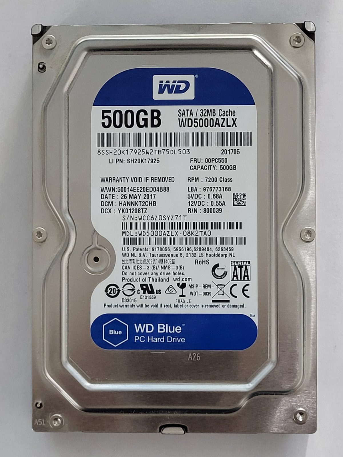 WD5000AZLX-08K2TA0, DCM: HANNKT2CHB, 26 MAY 2017 | WD 500Go 3,5" SATA HDD STK