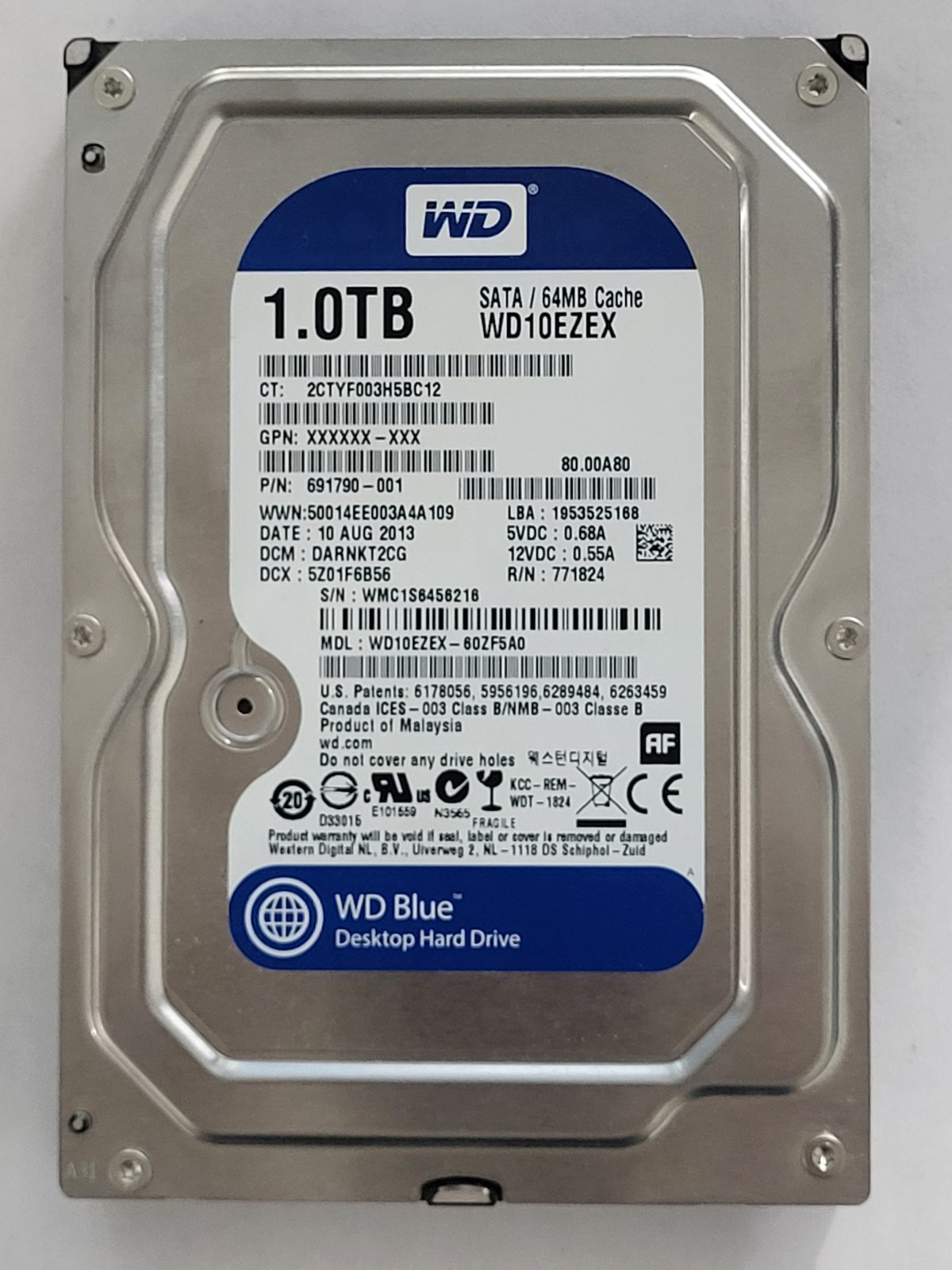 WD10EZEX-60ZF5A0, DCM: DARNKT2CG, 10 AUG 2013 | WD 1To 3,5" SATA HDD STK