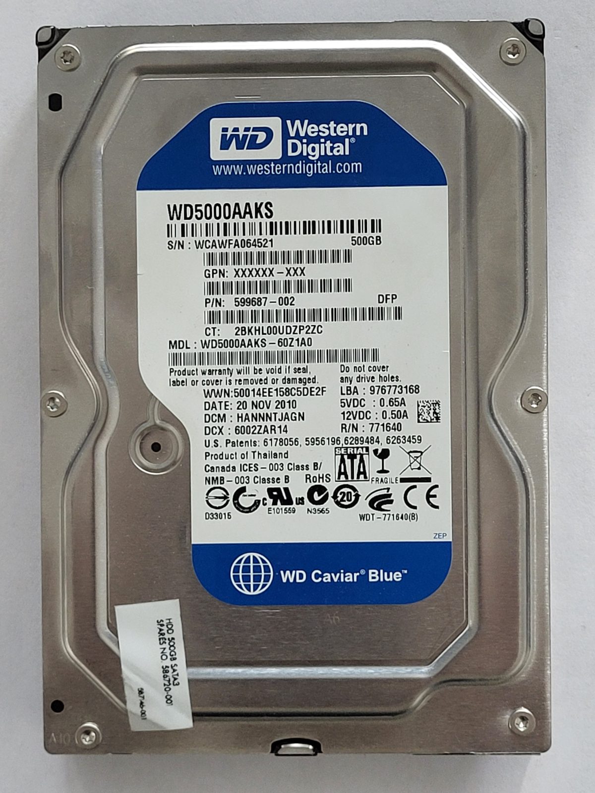 WD5000AAKS-60Z1A0, DCM: HANNNTJAGN, 20 NOV 2010 | WD 500Go 3,5" SATA HDD STK