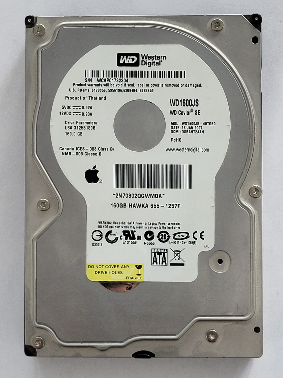 WD1600JS-40TGB0, DCM: DSBANT2AAN, 16 JAN 2007 | WD 160Go 3,5" SATA HDD STK