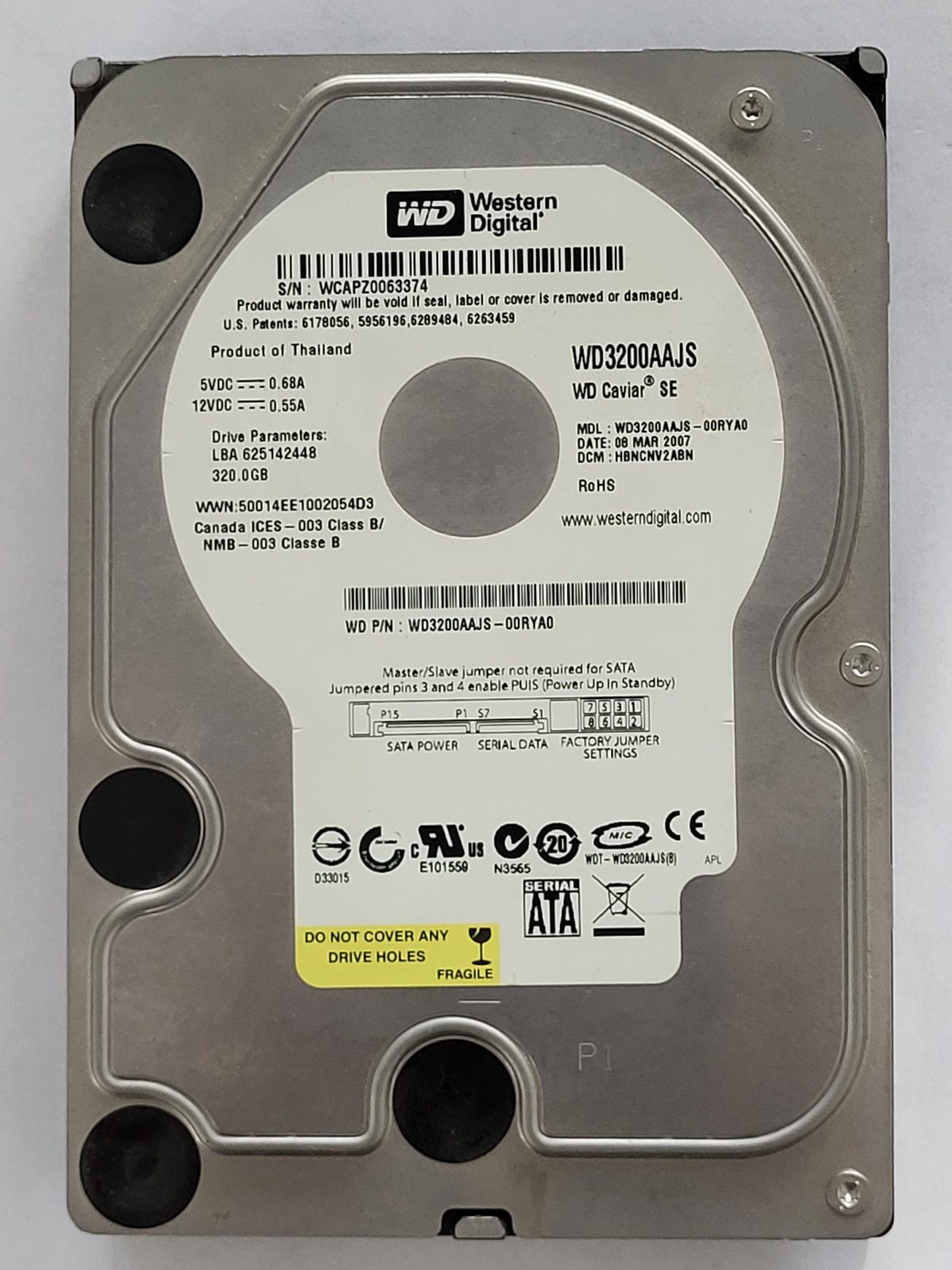 WD3200AAJS-00RYA0, DCM: HBNCNV2ABN, 08 MAR 2007 | WD 320Go 3,5" SATA HDD STK