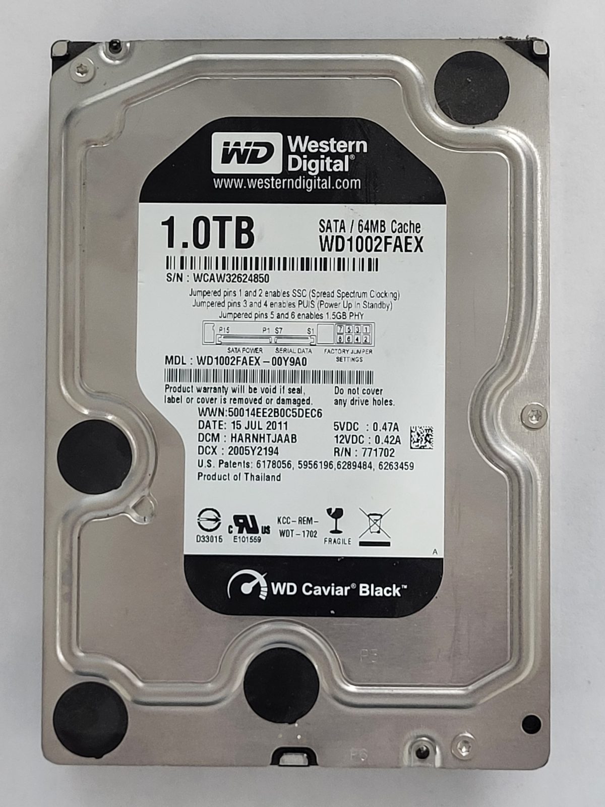 WD1002FAEX-00Y9A0, DCM: HARNHTJAAB, 15 JUL 2011 | WD 1To 3,5" SATA HDD STK