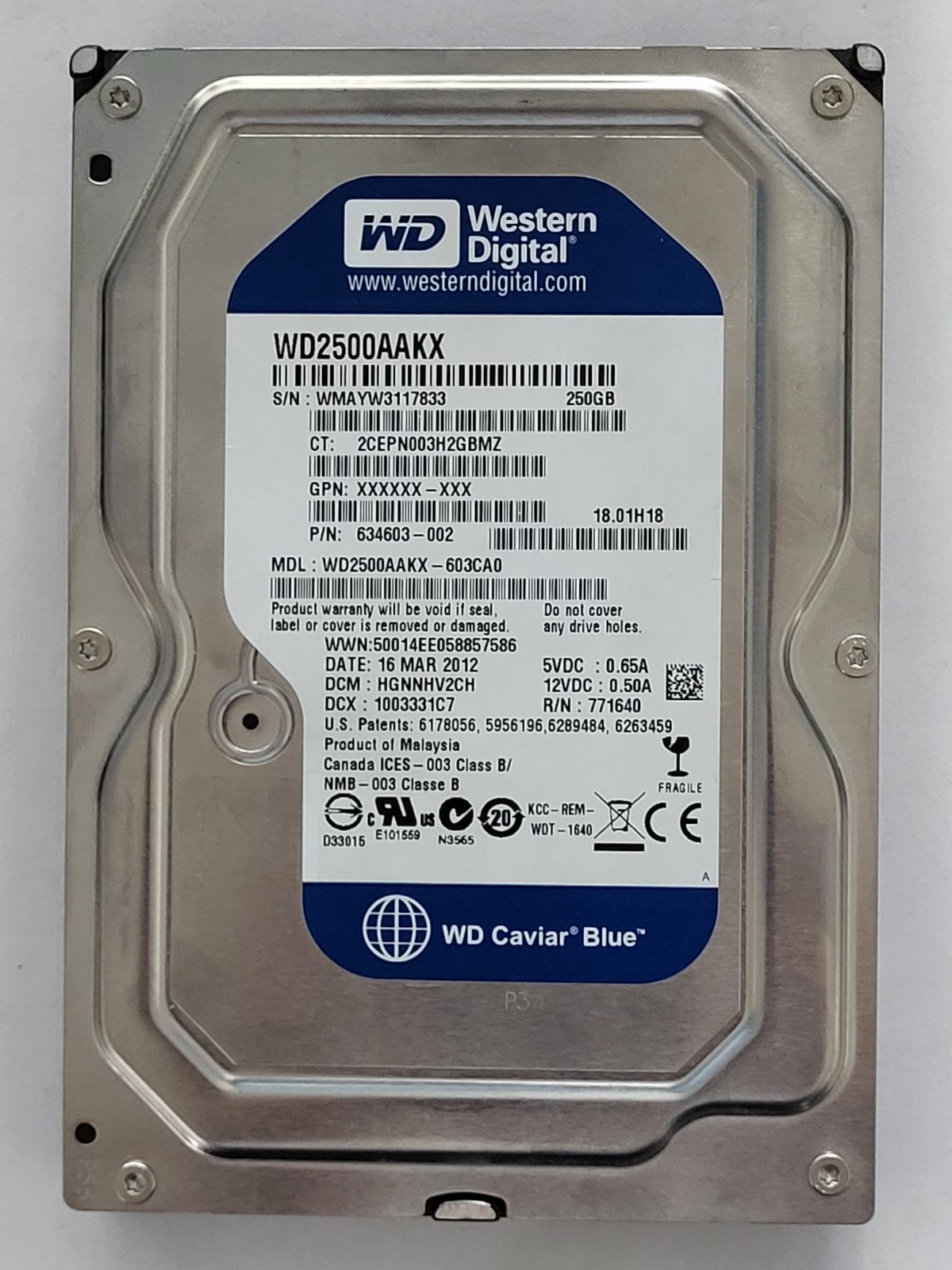 WD2500AAKX-603CA0, DCM: HGNNHV2CH, 16 MAR 2012 | WD 250Go 3,5" SATA HDD STK