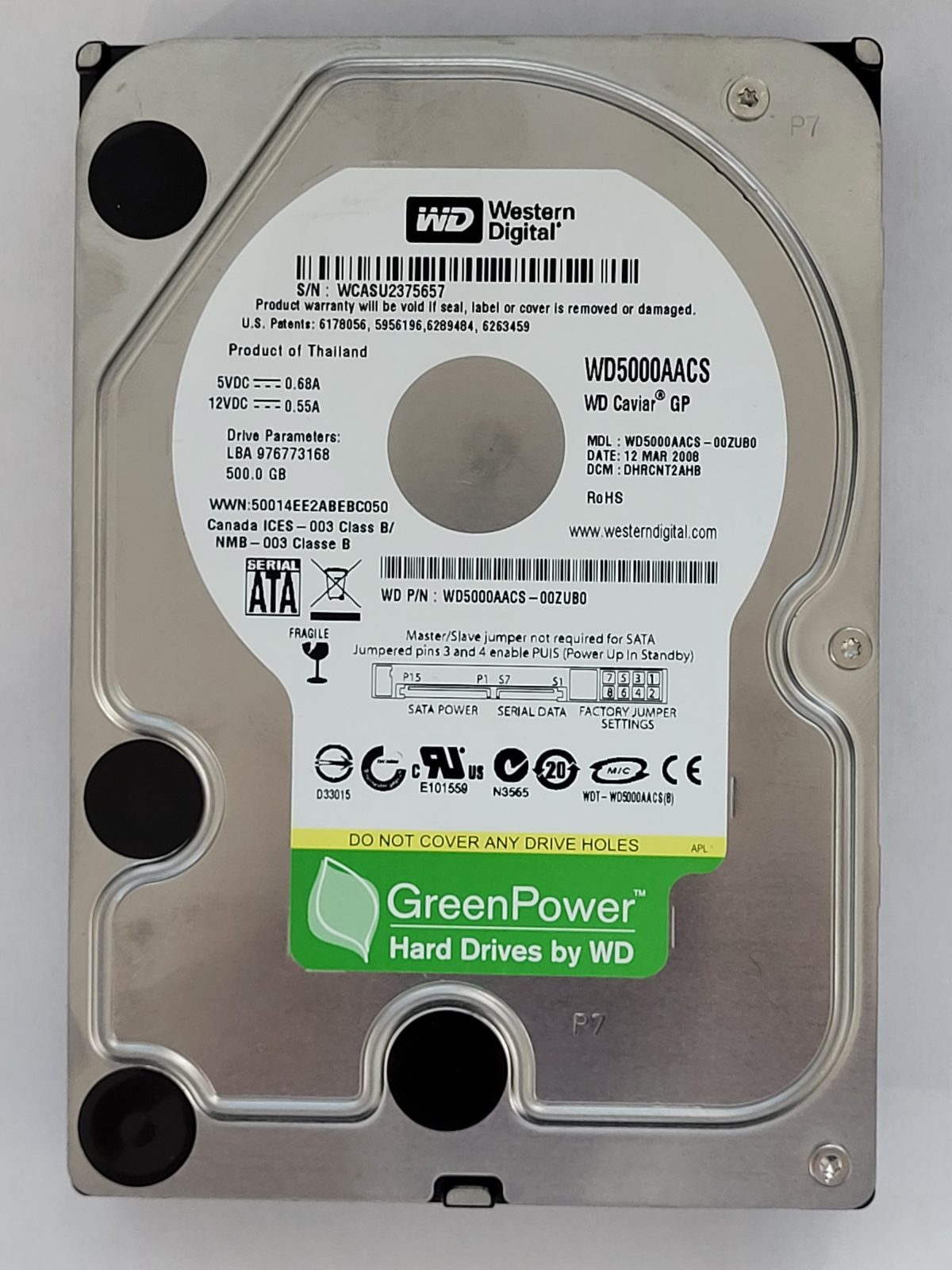 WD5000AACS-00ZUB0, DCM: DHRCNT2AHB, 12 MAR 2008 | WD 500Go 3,5" SATA HDD STK