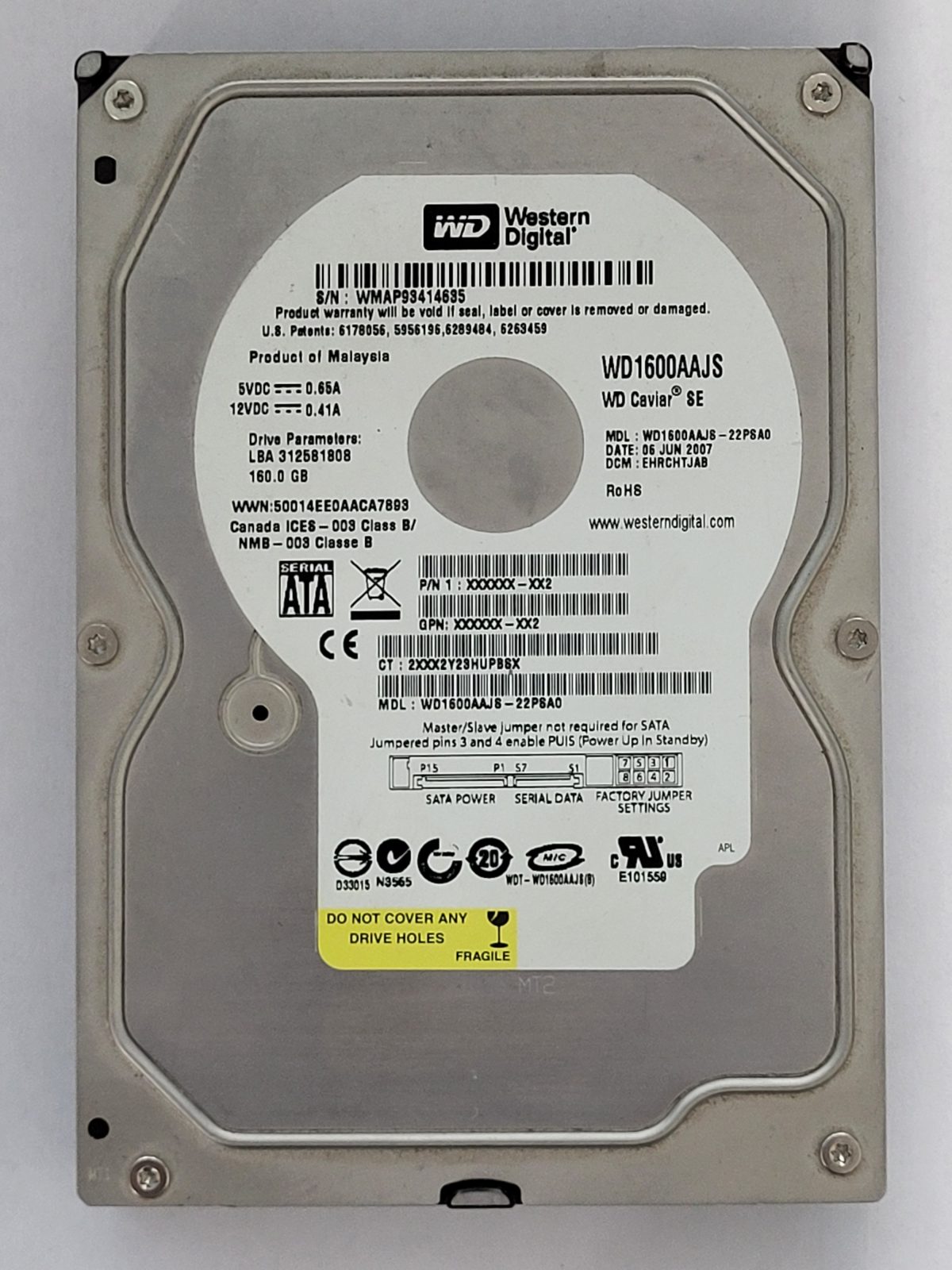 WD1600AAJS-22PSA0, DCM: EHRCHTJAB, 06 JUN 2007 | WD 160Go 3,5" SATA HDD STK