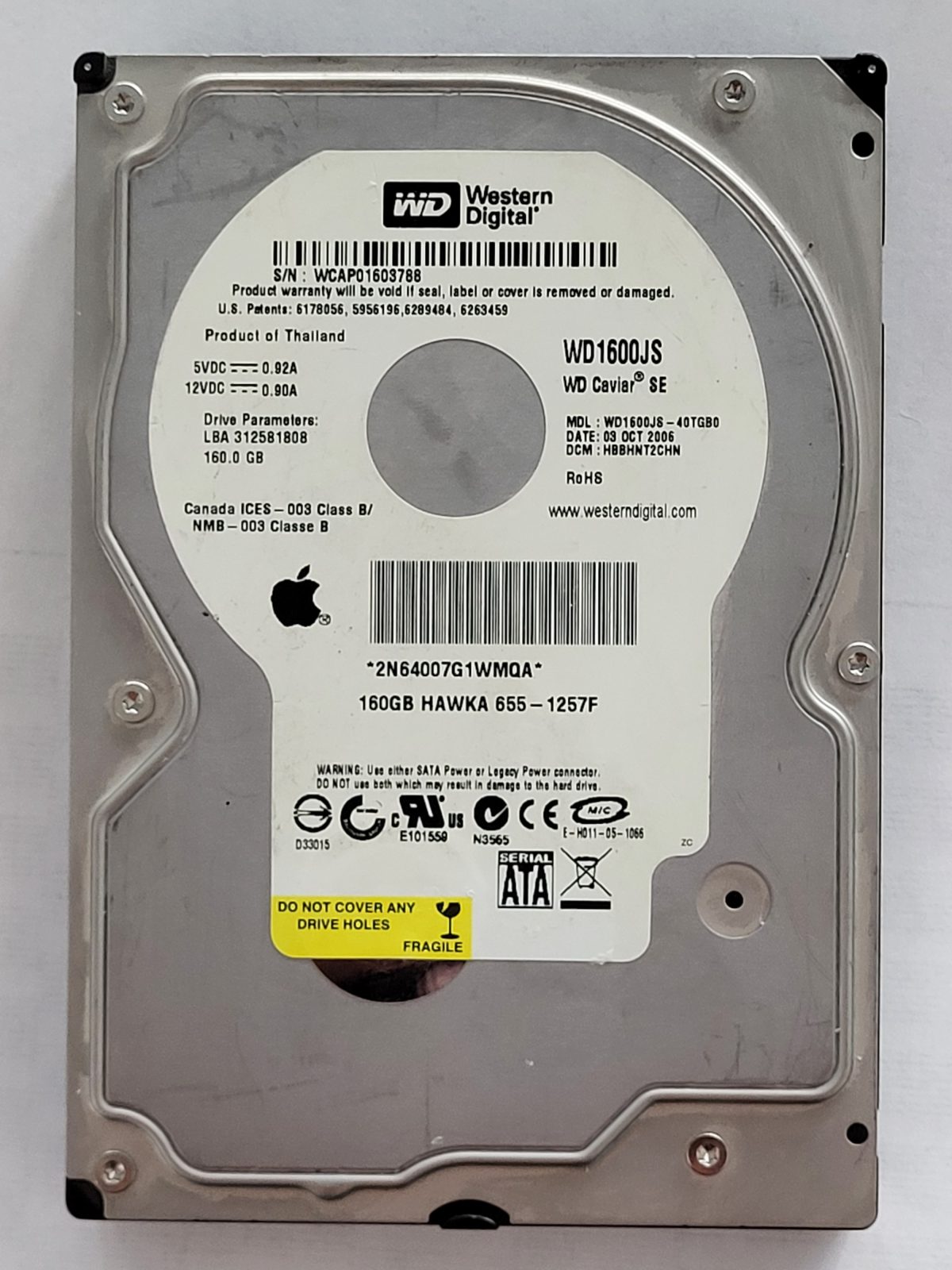 WD1600JS-40TGB0, DCM: HBBHNT2CHN, 09 OCT 2006 | WD 160Go 3,5" SATA HDD STK