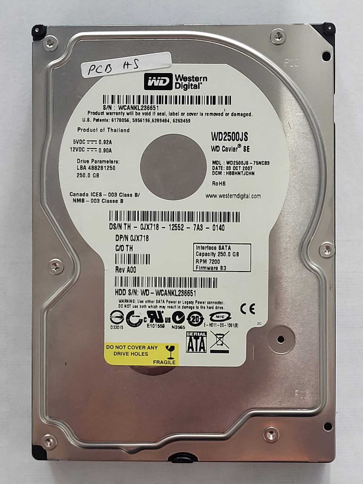 WD2500JS-75NCB3, DCM: HBBHNTJCHN, 03 OCT 2007 | WD 250Go 3,5" SATA HDD STK