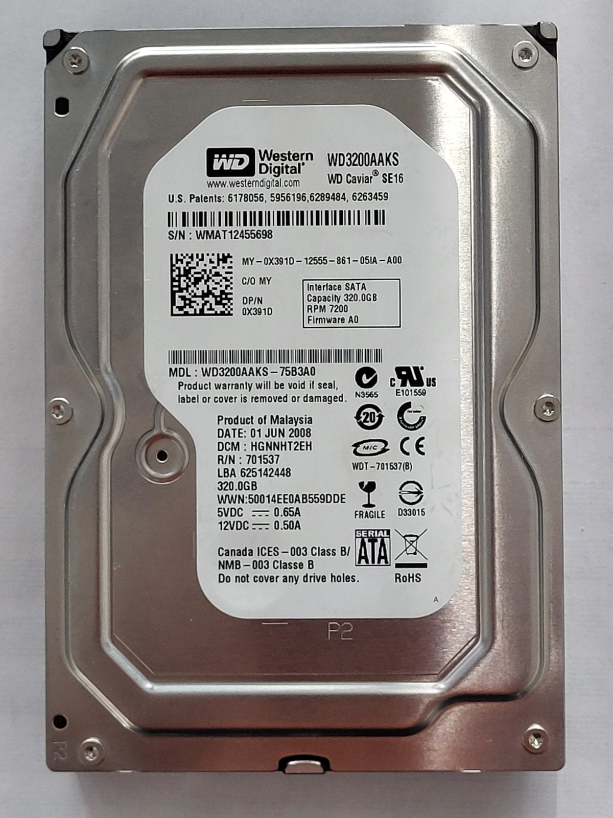 WD3200AAKS-75B3A0, DCM: HGNNHT2EH, 01 JUN 2008 | WD 320Go 3,5" SATA HDD STK