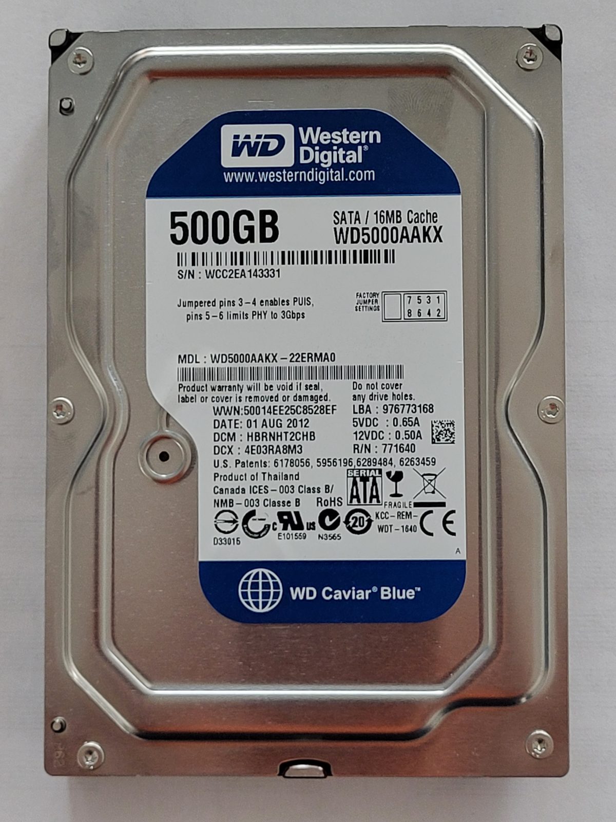WD5000AAKX-22ERMA0, DCM: HBRNHT2CHB, 01 AUG 2012 | WD 500Go 3,5" SATA HDD STK